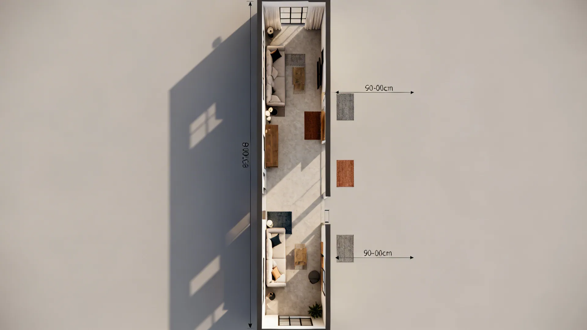 Top-down floorplan showing a 90-100cm circulation lane and furniture placements in a narrow living room.