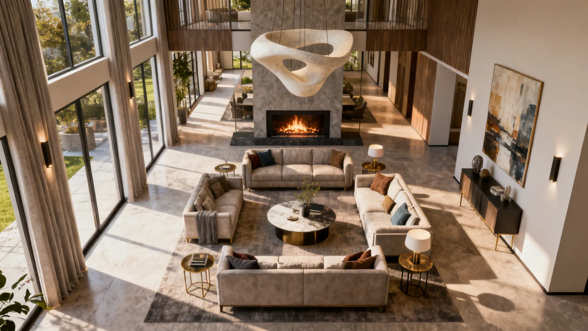 High ceiling living room with four sofas around a round table and a large fireplace