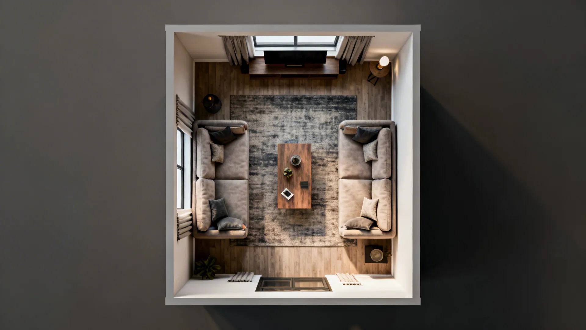 Top-down plan of a small living room with two sofas oriented to a single focal point and clear circulation paths