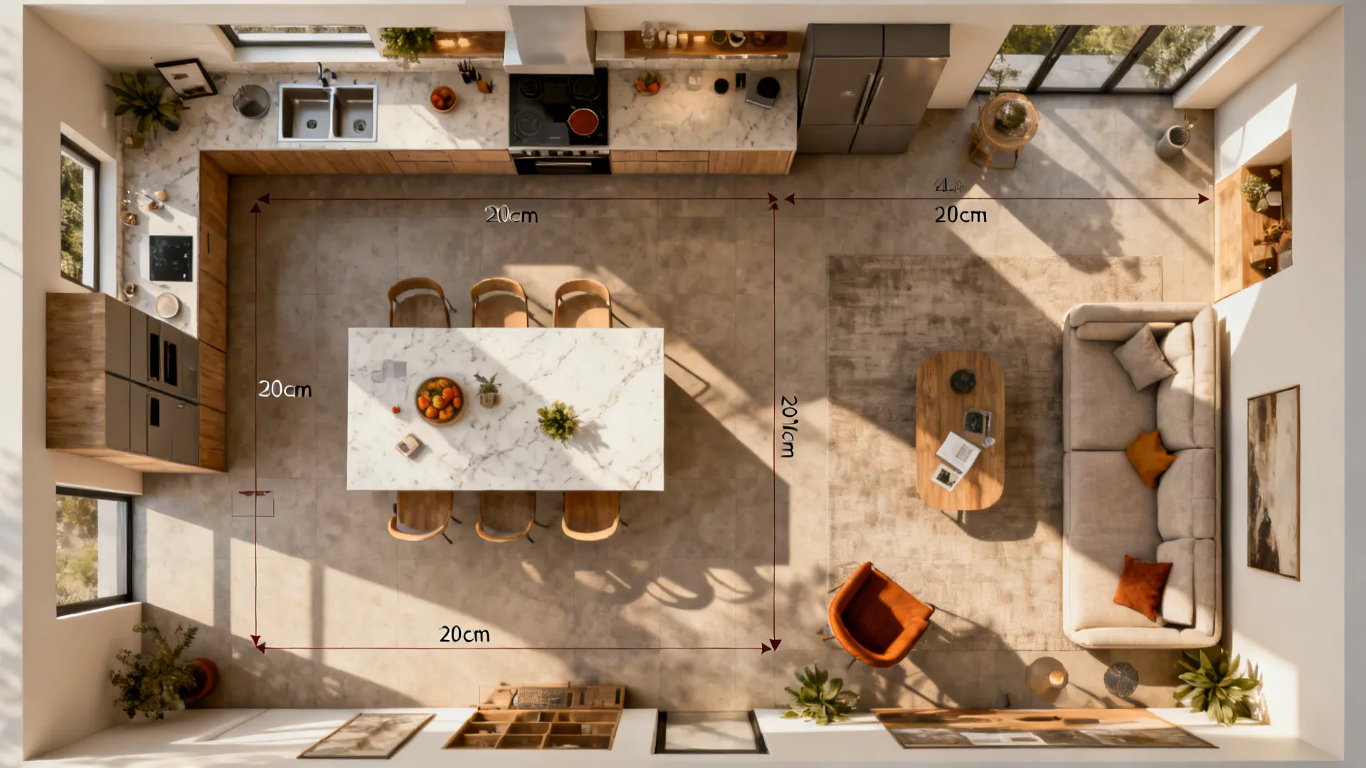 Top-down layout showing circulation paths and furniture placement in an open-plan kitchen lounge.