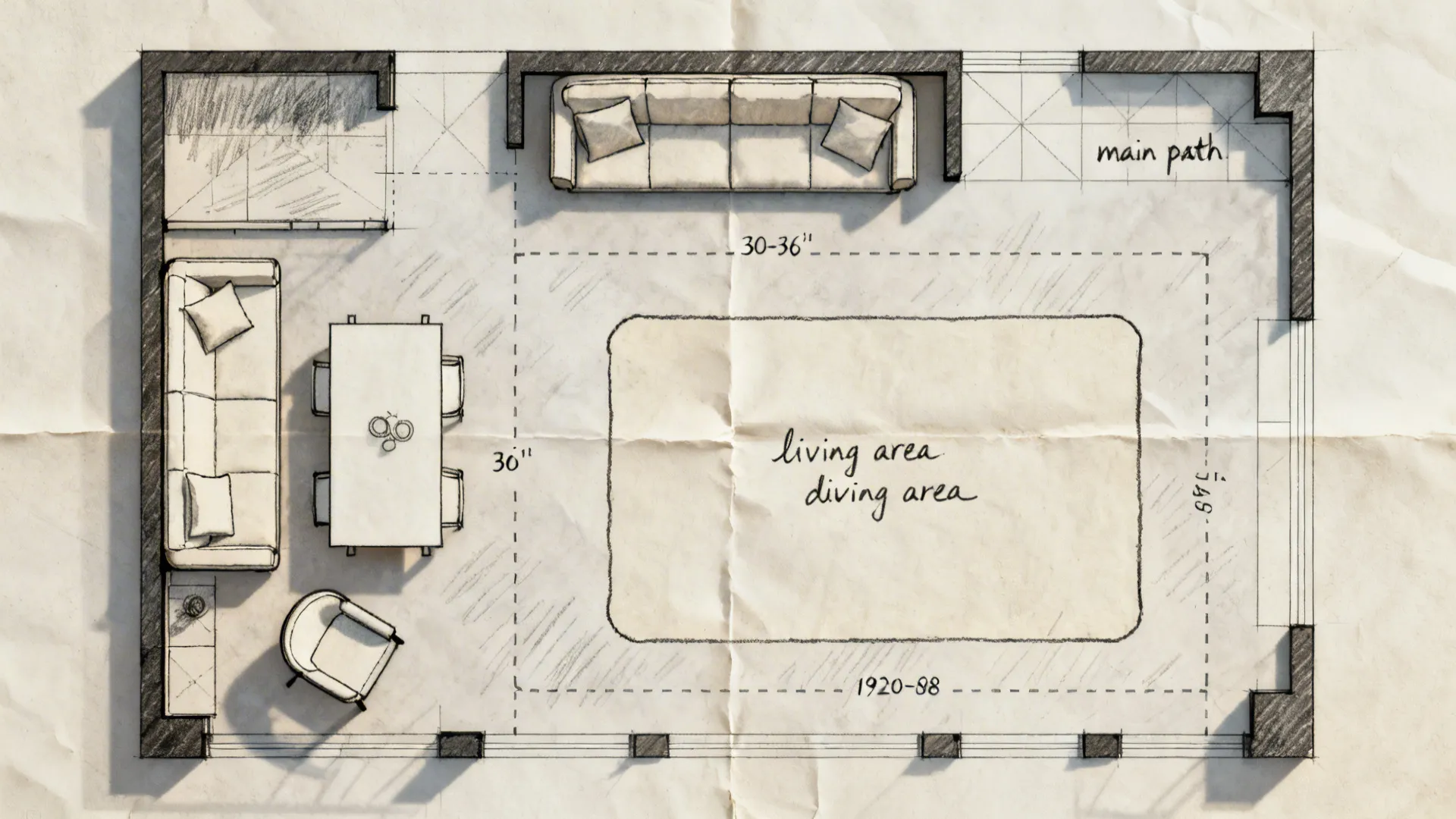 Top-down circulation map showing clear paths and scaled furniture in an L-shaped plan.