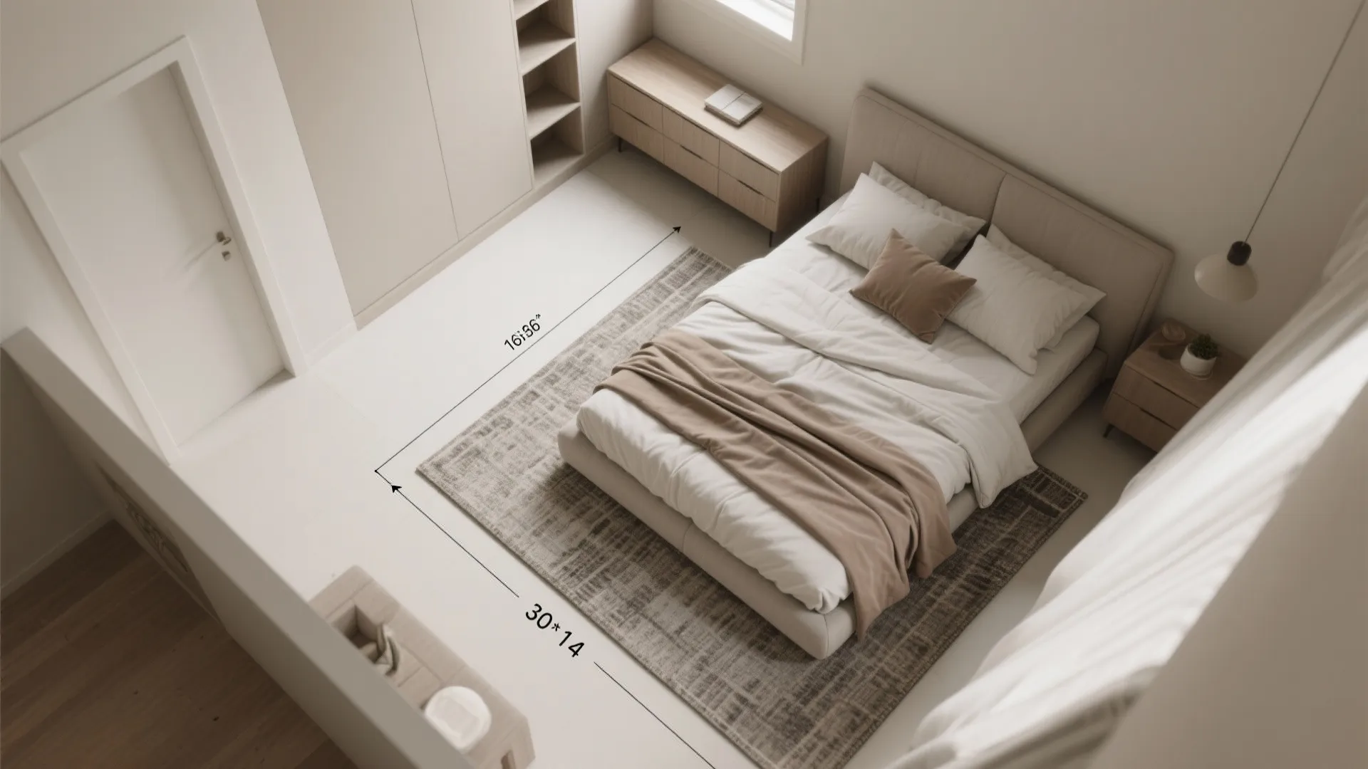 Interior design drawing showing bedroom top view with measurements for bed rug and wood cabinet