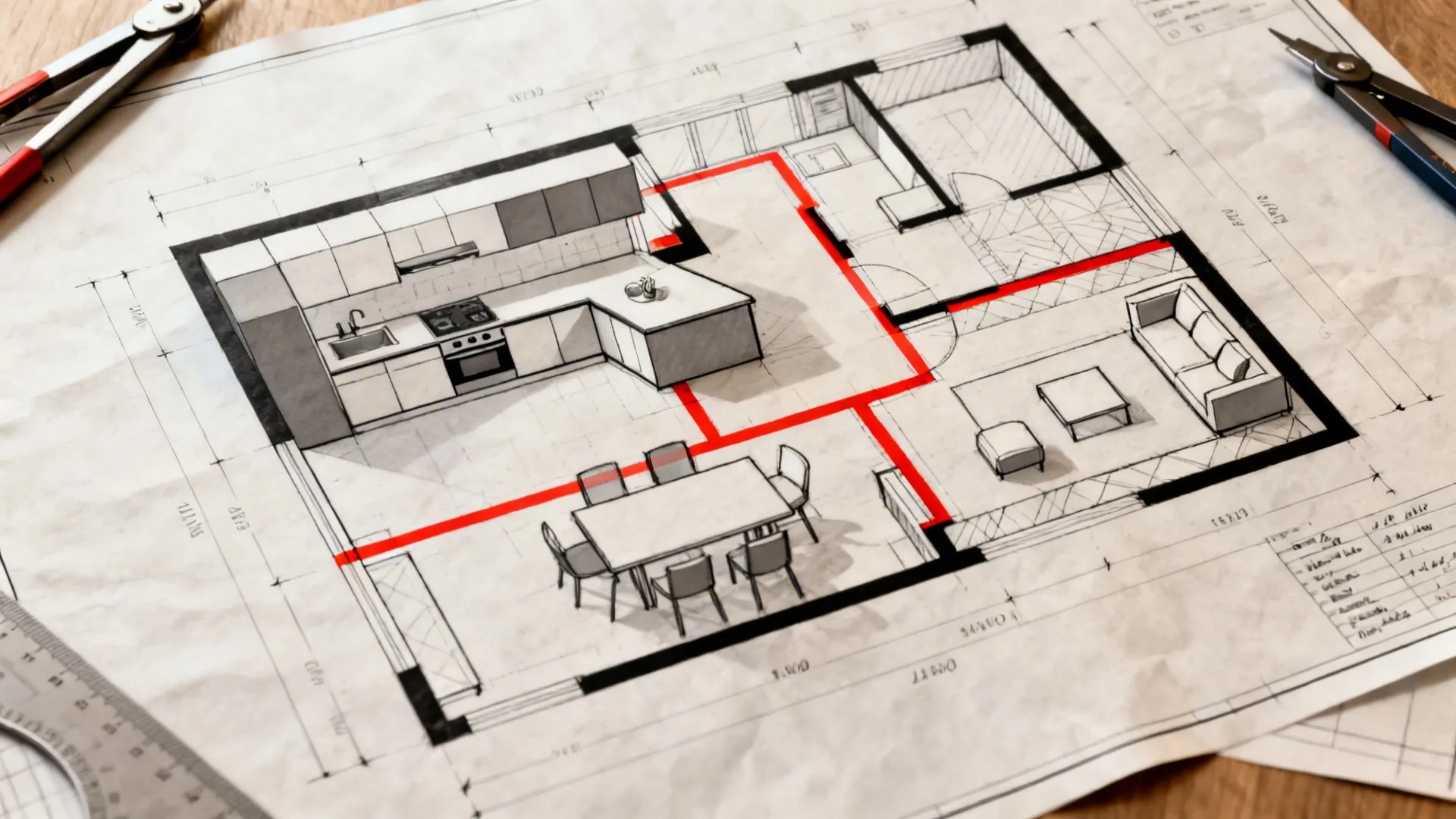 Top-down floor plan mockup showing circulation paths and furniture placement for an open-plan layout.