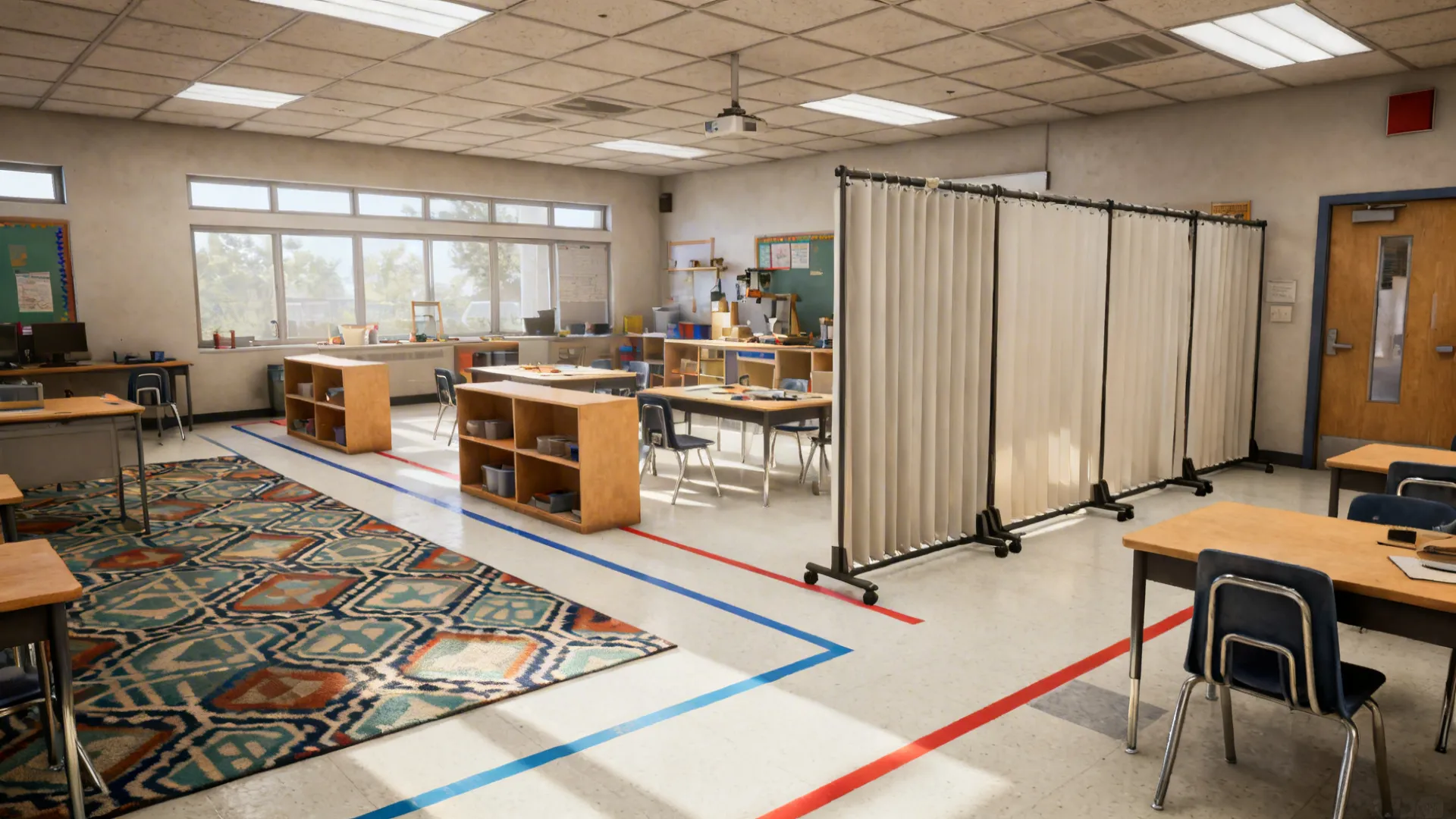 Rugs, floor tape, low shelving, and rolling screens creating clear circulation and flexible zones in a classroom.