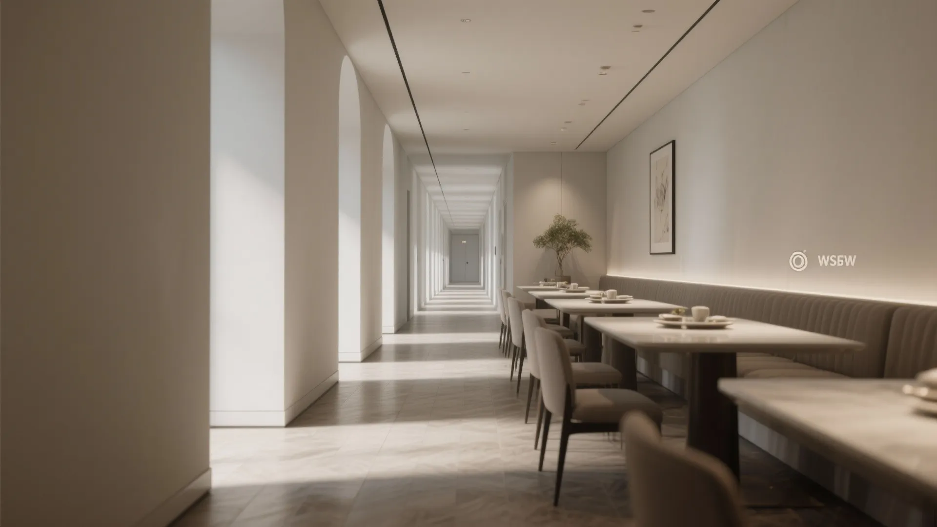 Long hallway with minimalist dining tables booth seating arched wall openings and soft warm lighting