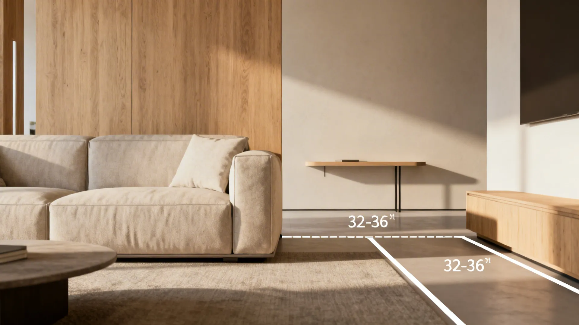 Walking path measurement showing thirty two inches between a beige sofa and wooden storage cabinet