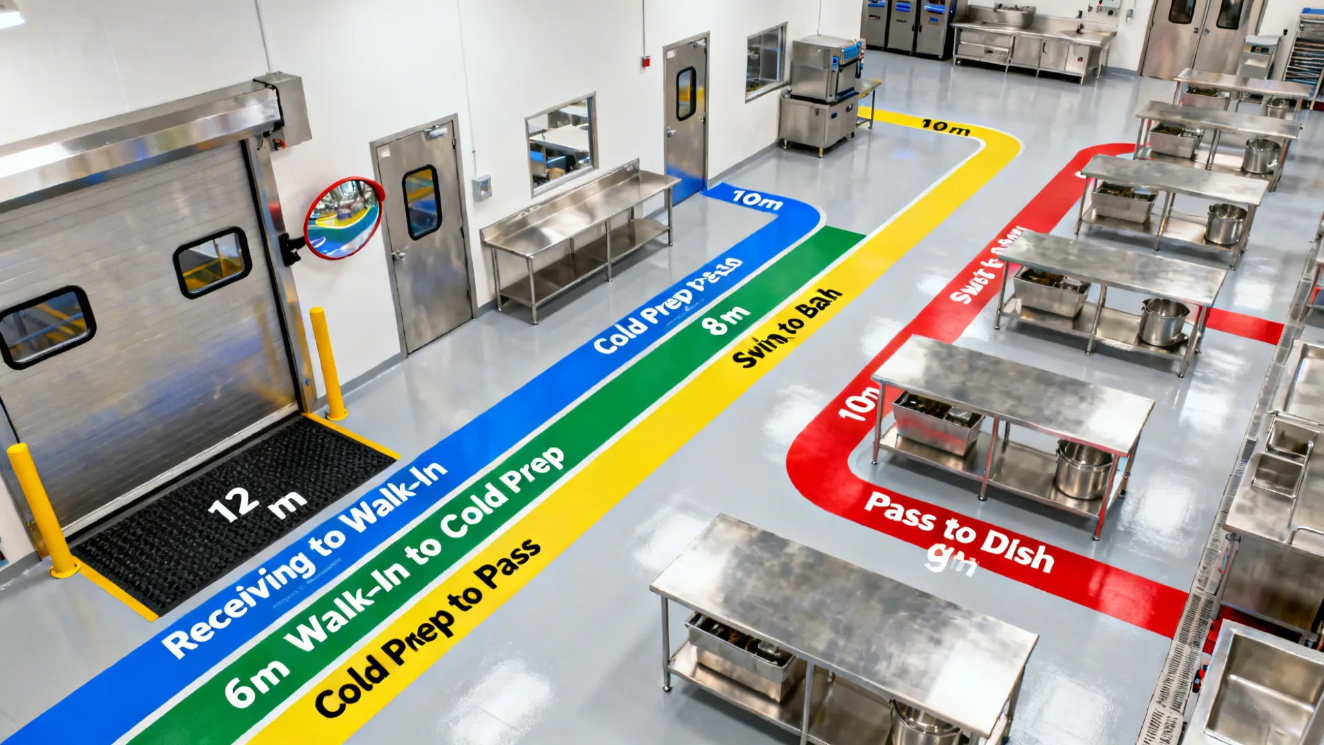 Commercial kitchen layout featuring colored paths on floor between stainless steel work tables and stations