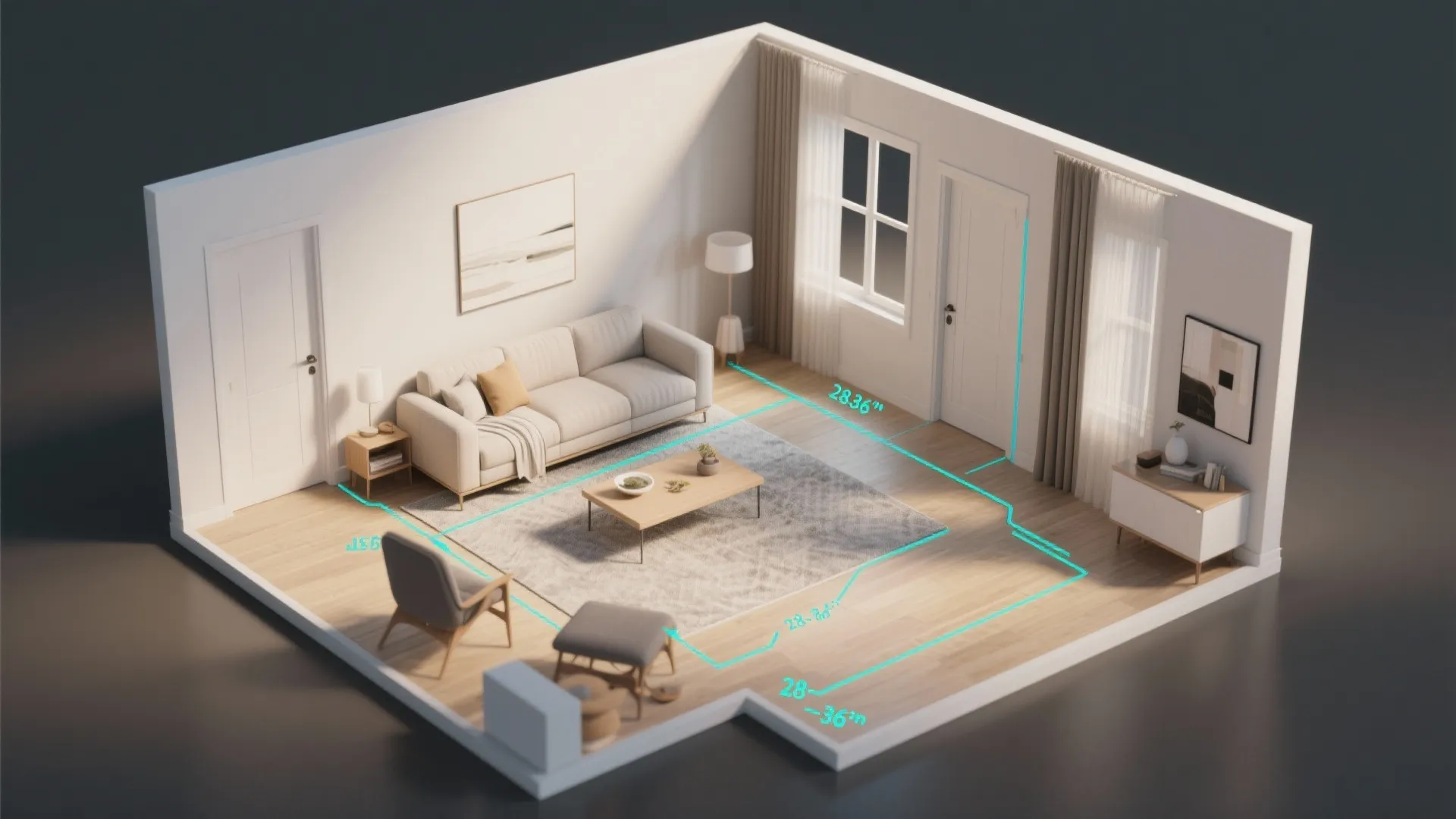 Top-down view of a small living room floor plan with marked circulation paths and sectional placement guidance.