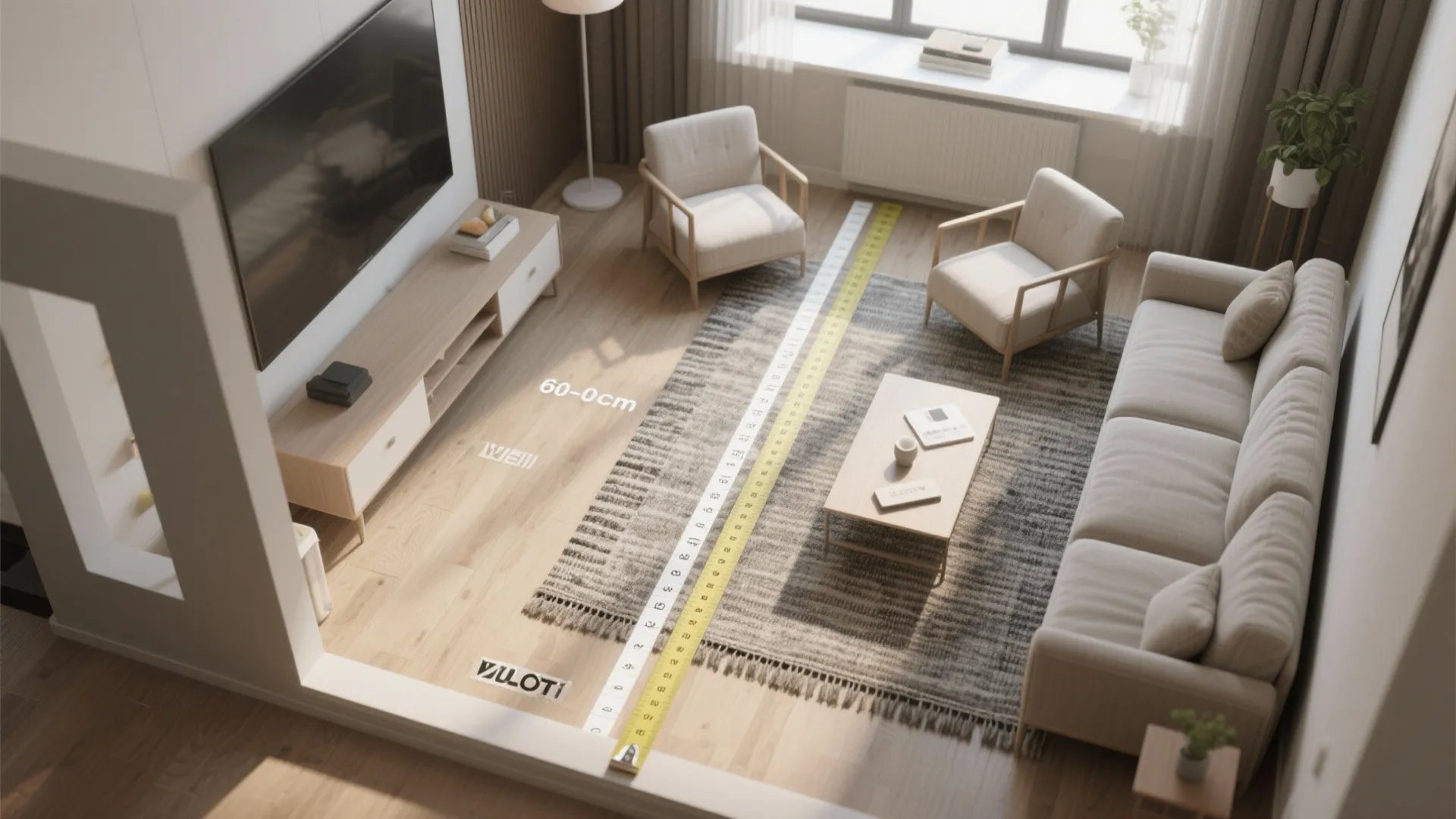 Living room layout drawing showing furniture placement with a yellow measuring tape across the rug