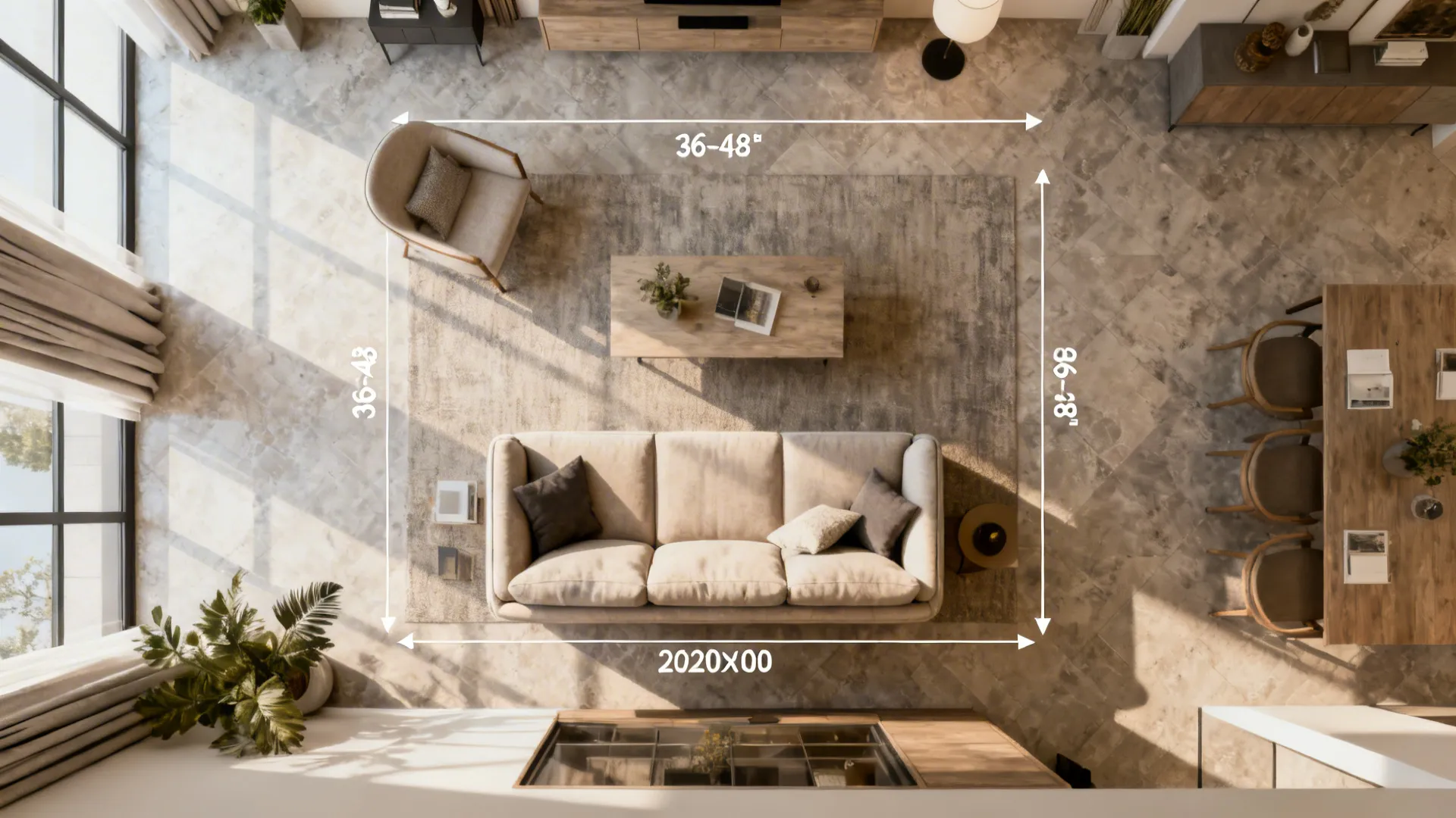 Top-down interior design drawing showing living room furniture layout with floor space measurements and dimensions