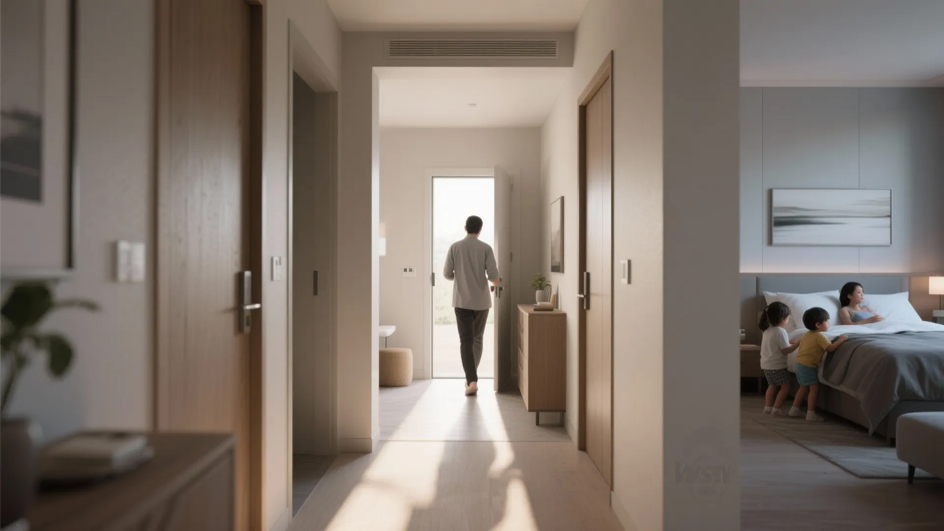 Suite entry with foyer-like zone and clear circulation paths to bedrooms, illustrating quiet movement.