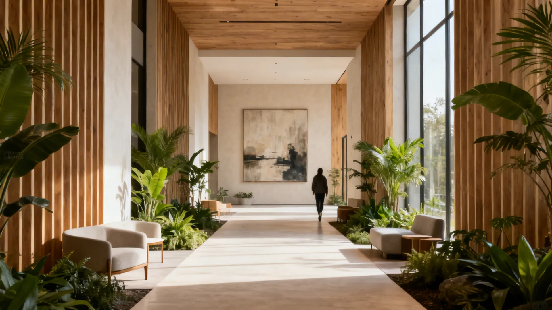 Open-plan layout with clear circulation paths aligned to a central focal artwork, promoting calm flow.