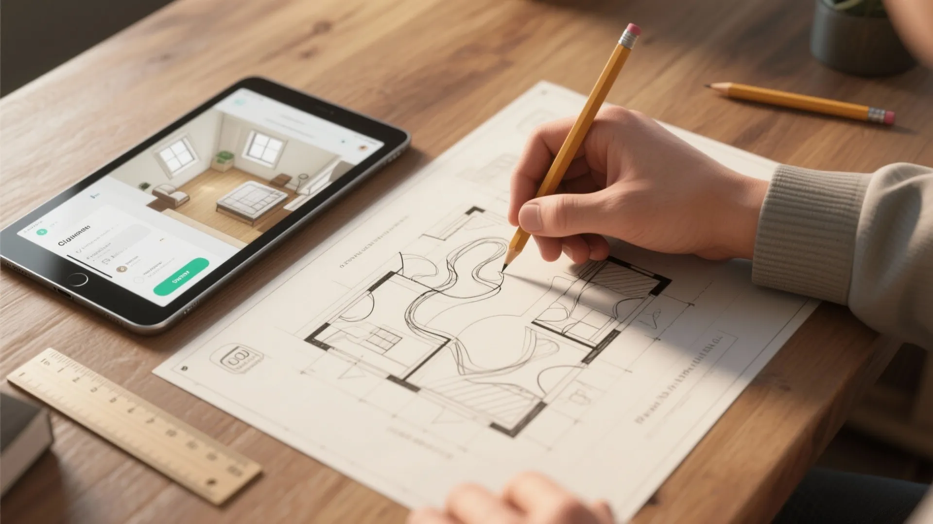 Person drawing room layout on paper with pencil next to tablet showing interior design drawing