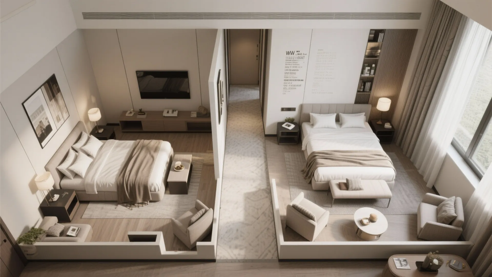 Top-down layout showing a single circulation spine replacing hallways in a 2-bedroom suite