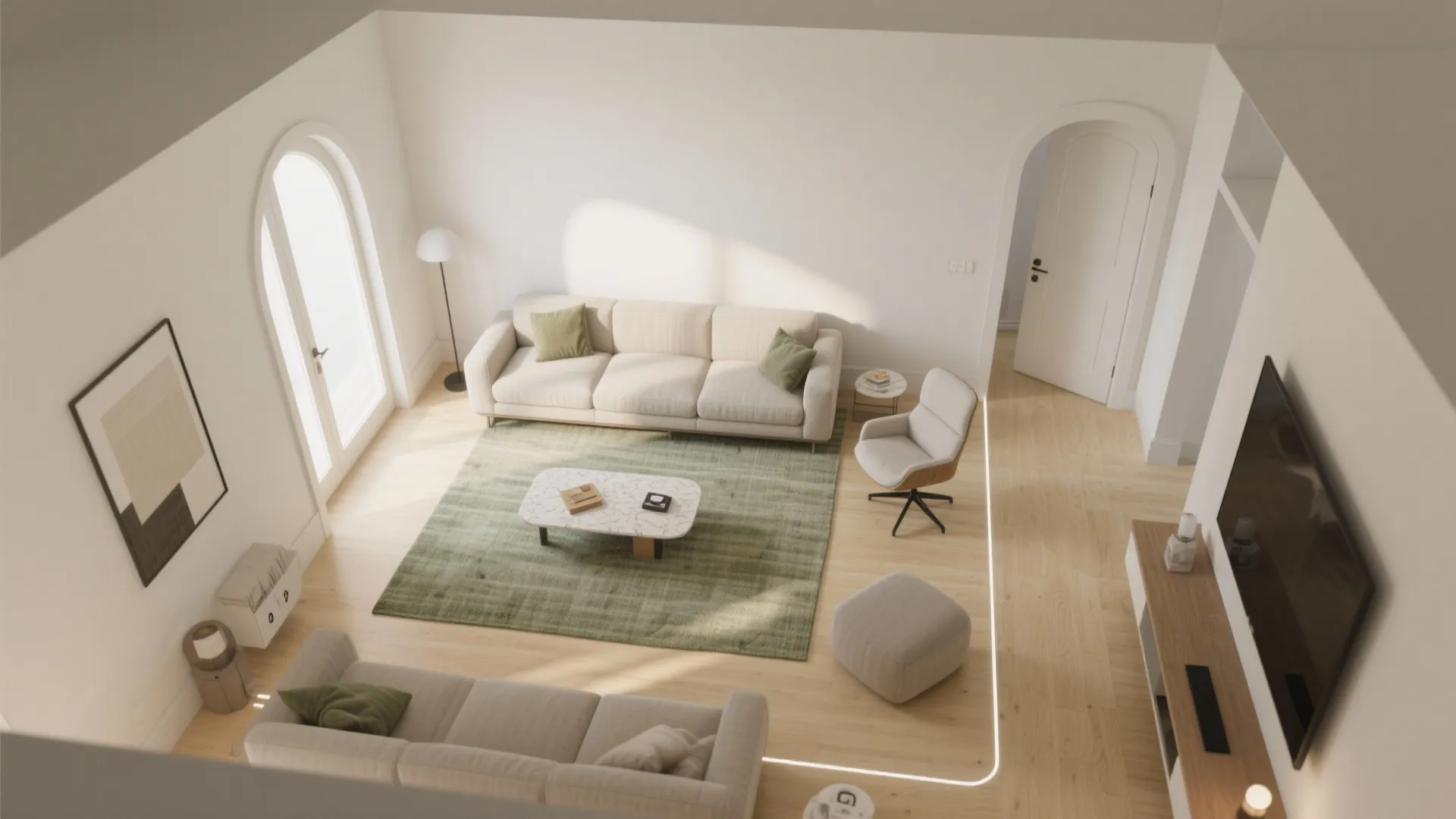 Modern living room interior design drawing with cream sofas green rug and wooden floor finish