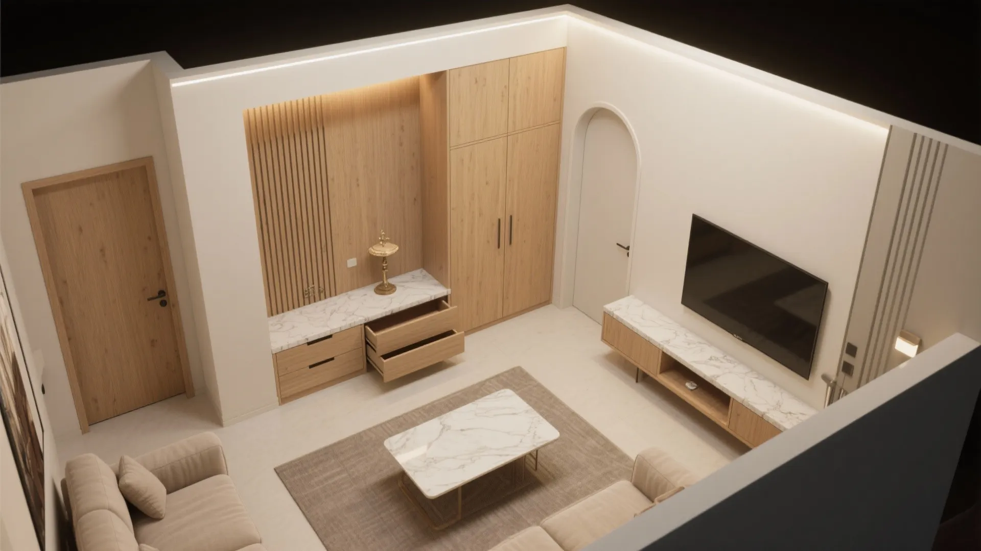 Top view interior design drawing of living room with wooden cabinets marble table and sofa