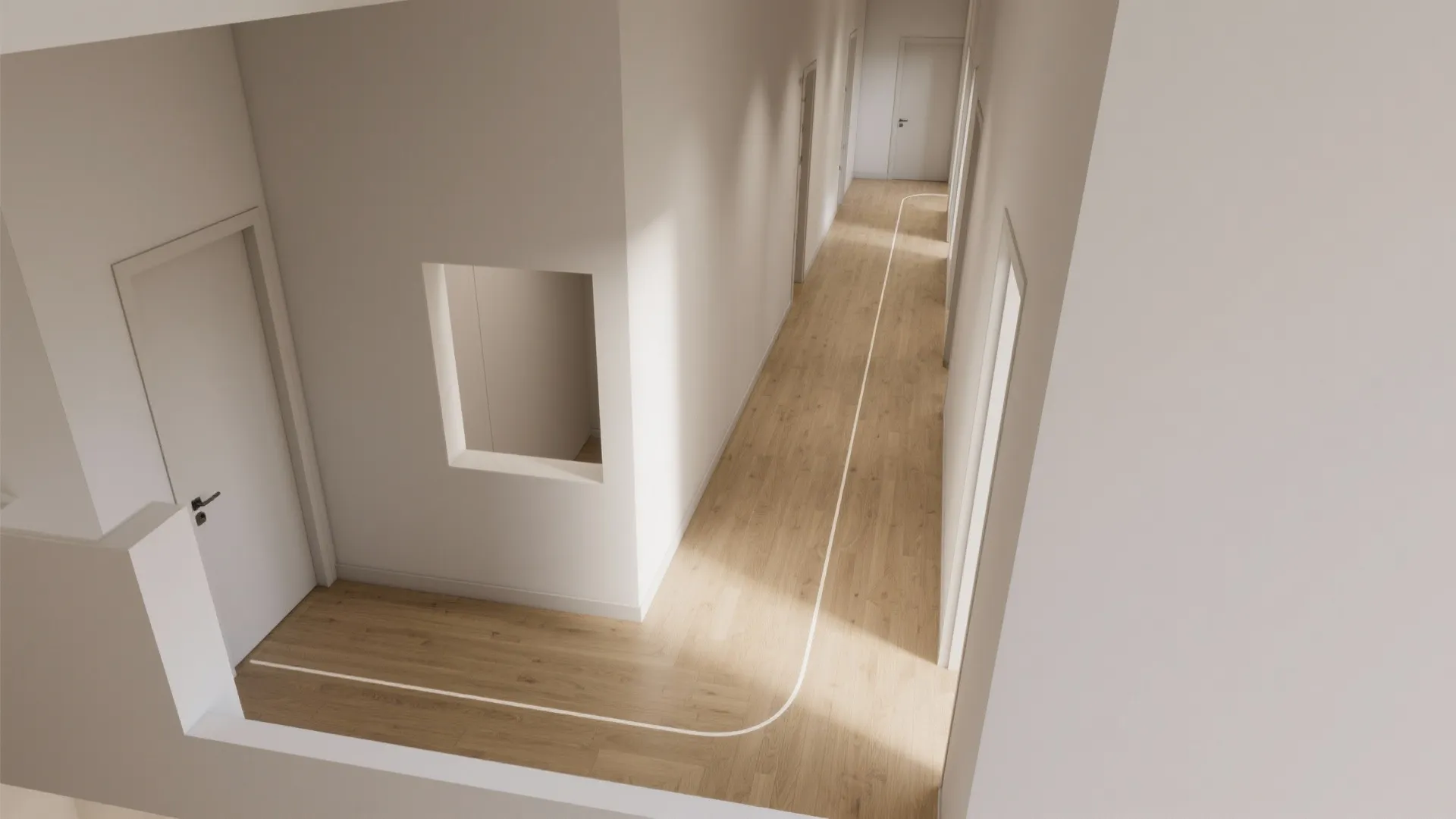 Modern hallway interior design drawing with light wood flooring white walls and white wooden doors