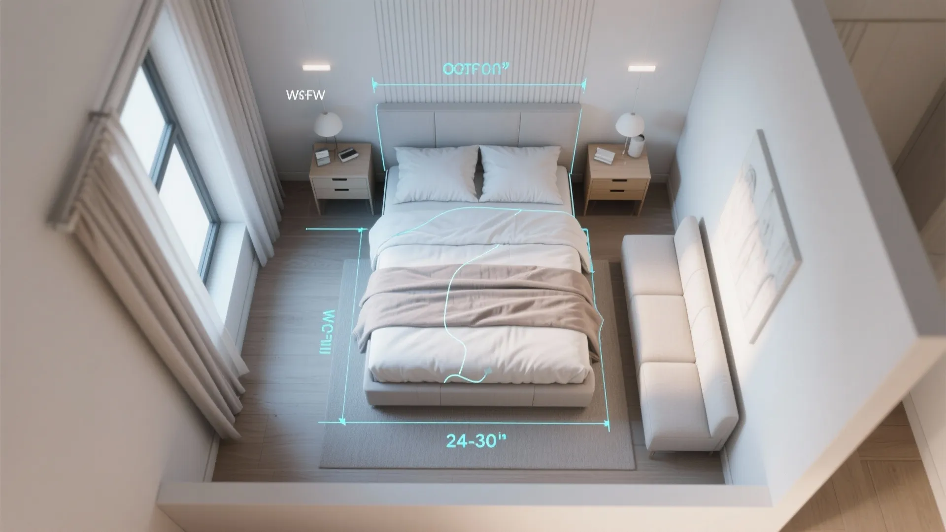 Top view interior design drawing of a bedroom showing furniture layout with specific measurement labels