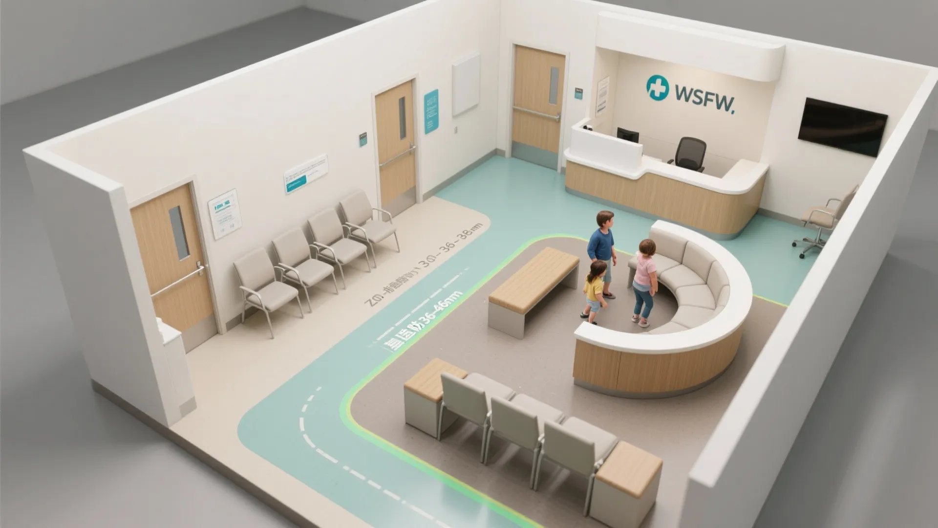 Top down interior design drawing showing a clinic reception area with chairs and a curved sofa