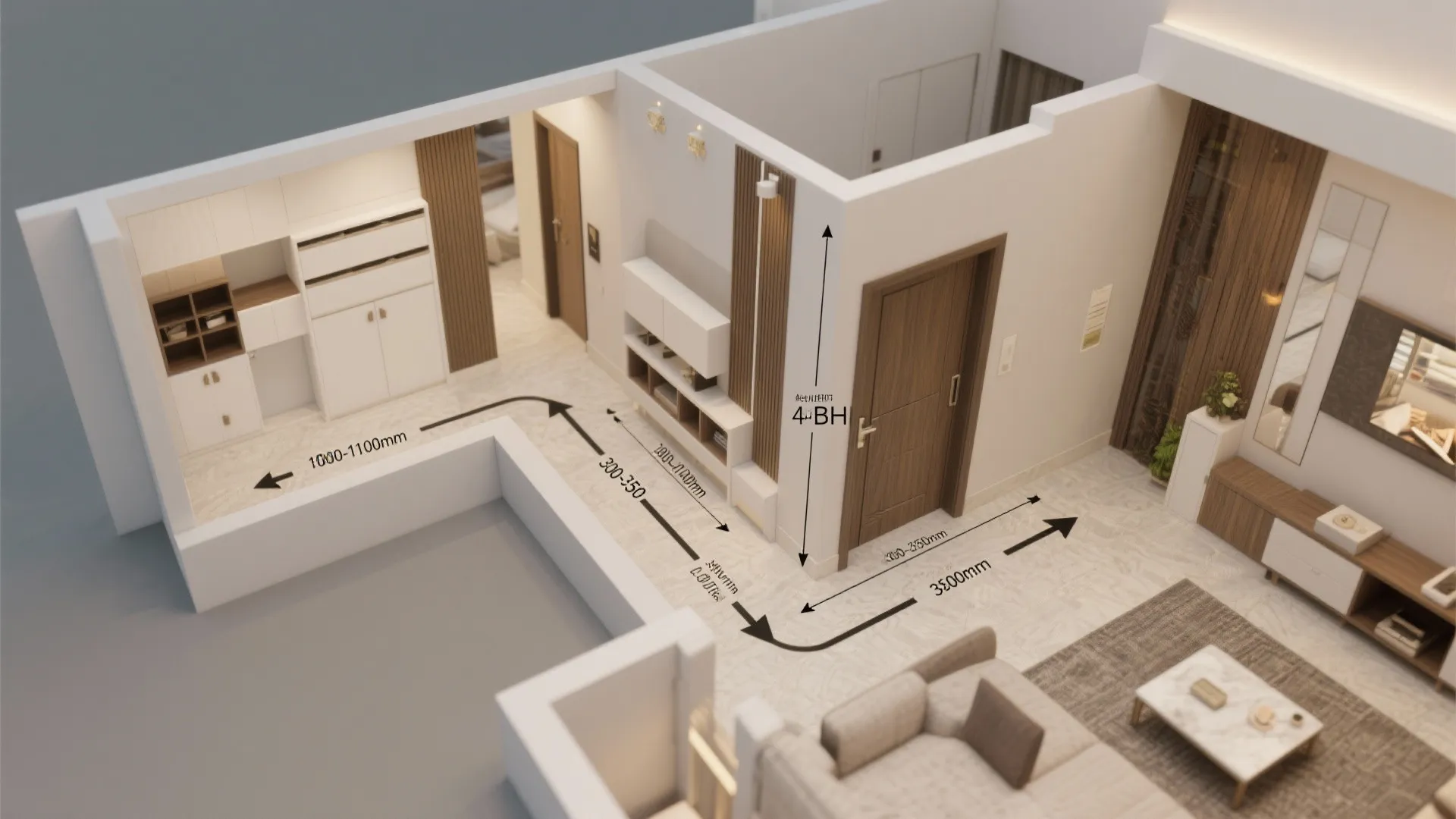 Interior design drawing showing room layout with measurement arrows and black lines for movement flow