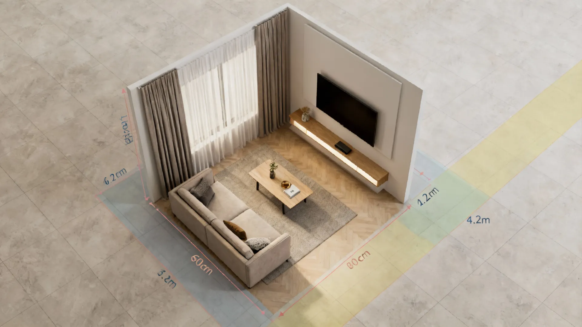Top-down floorplan visualization highlighting 75–90cm clear circulation paths between sofa, coffee table, and TV wall.