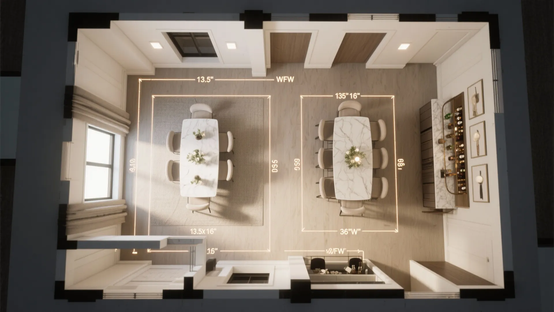 Top view interior design drawing of dining room layout showing dimensions and furniture placement planning