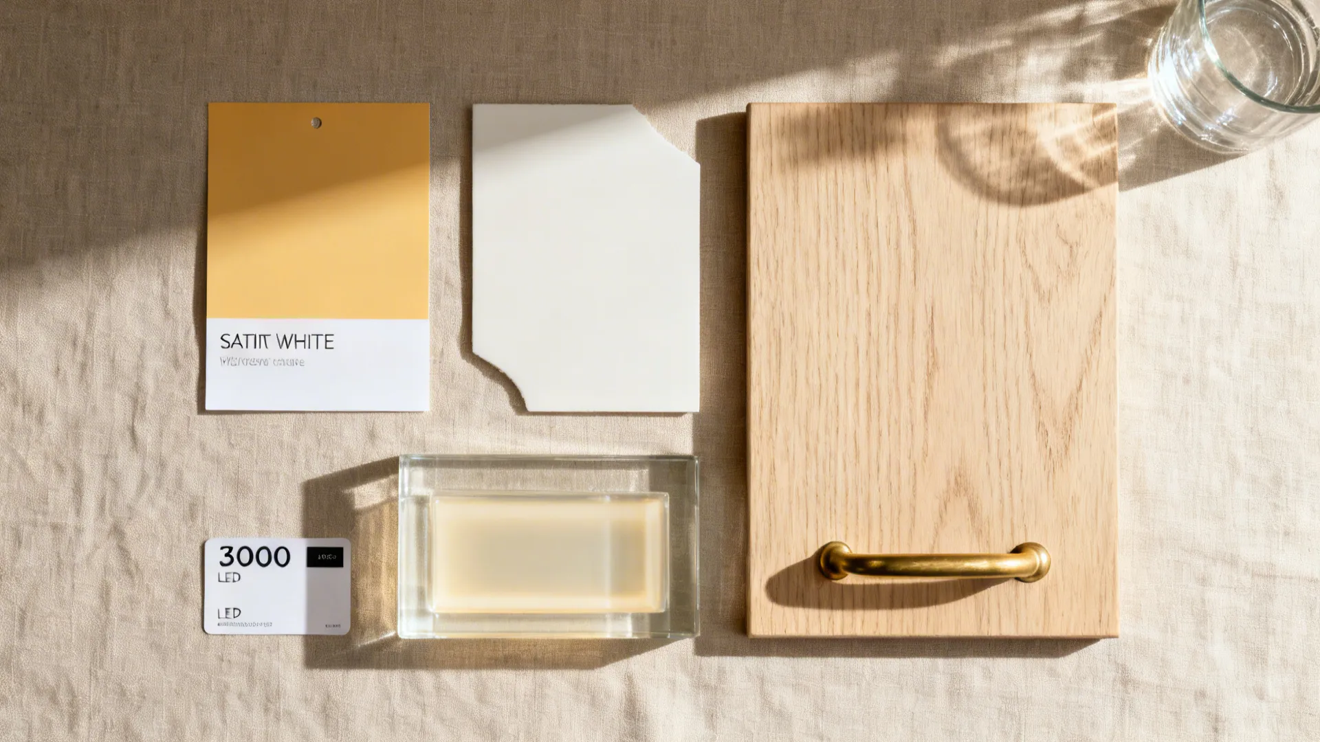 Flat lay with citrine swatch, satin white, pale oak, and brushed brass for a warm palette.