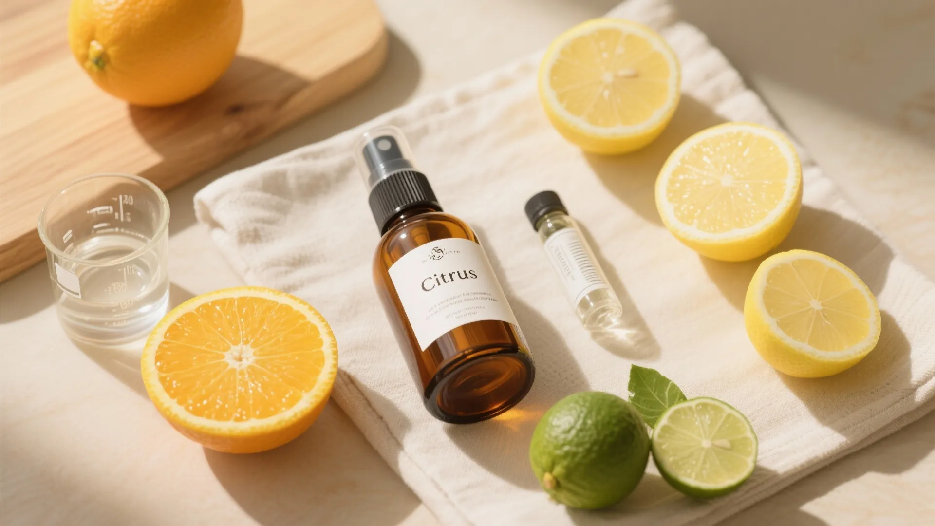 Brown spray bottle with citrus oil surrounded by fresh lemons and limes on white cloth