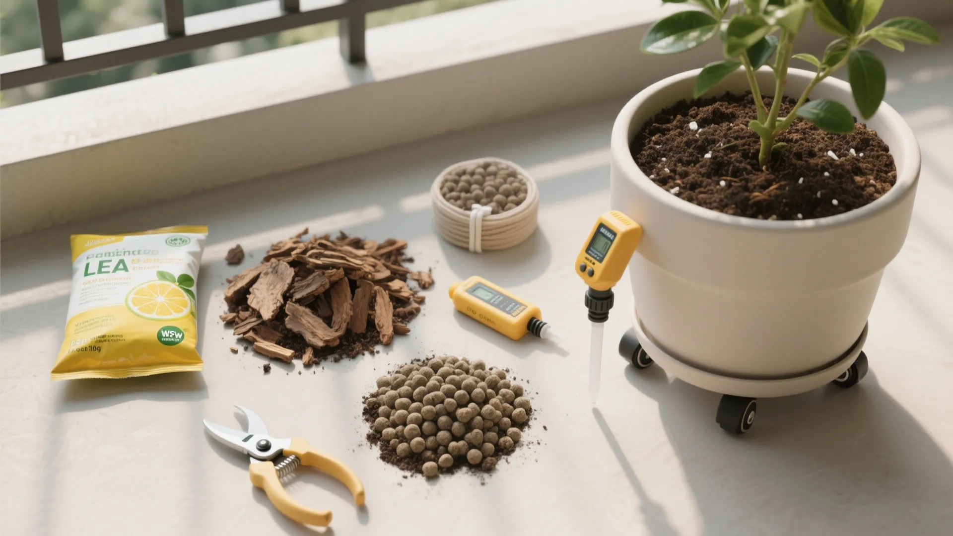 Flatlay of citrus care tools, mix, LECA, fertilizer, and a lightweight pot with wheels.