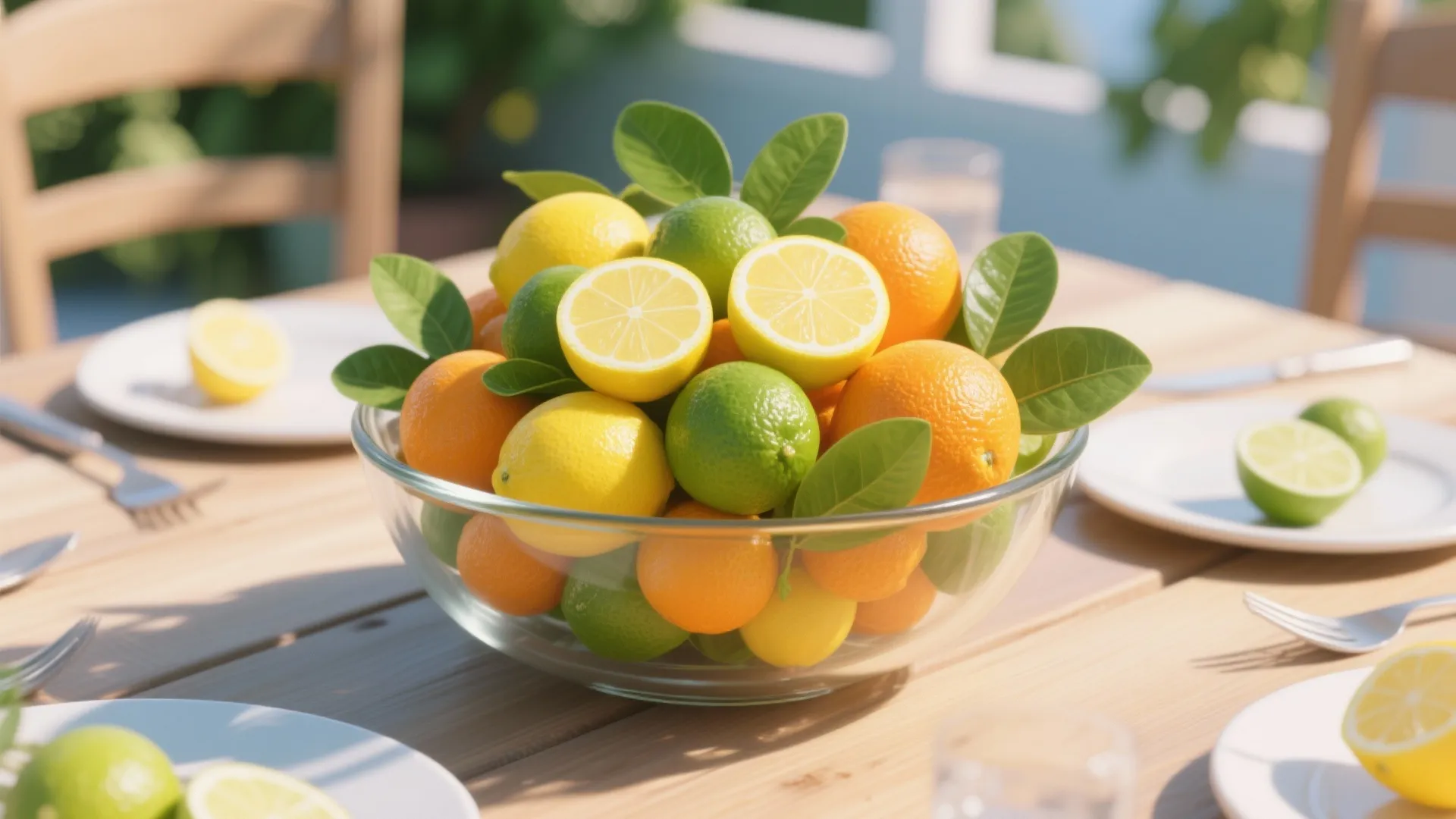 Glass bowl filled with fresh lemons and oranges as a centerpiece on a wooden table