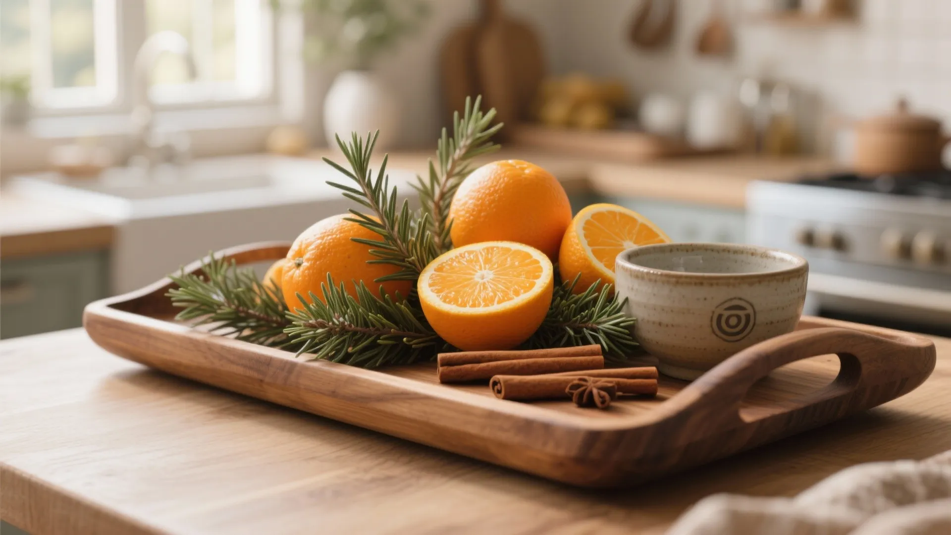 Wooden tray with fresh oranges cinnamon sticks green branches and small cup on kitchen table