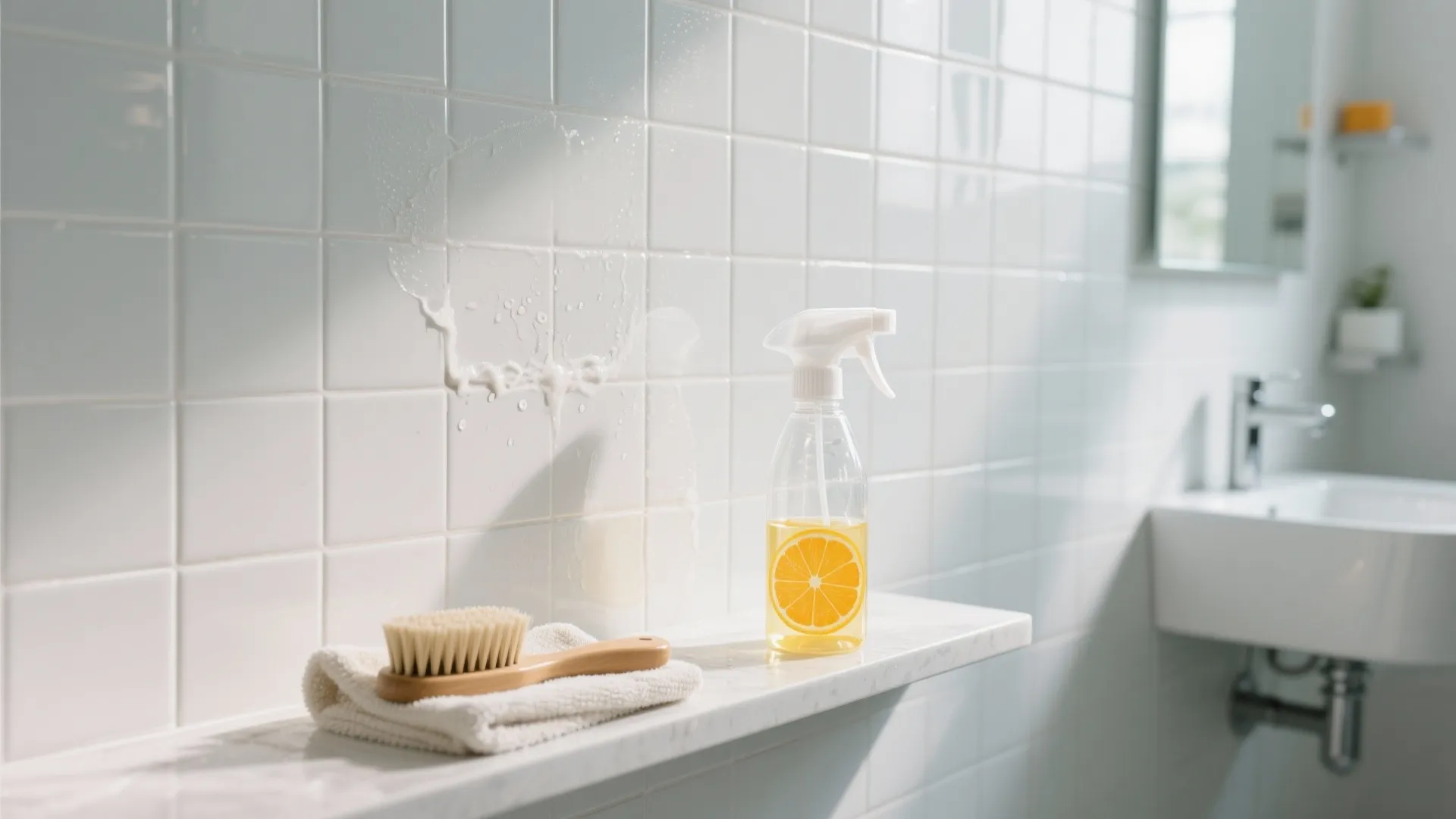 Lemon spray bottle, cleaning brush, and white towel on shelf against a white tiled wall