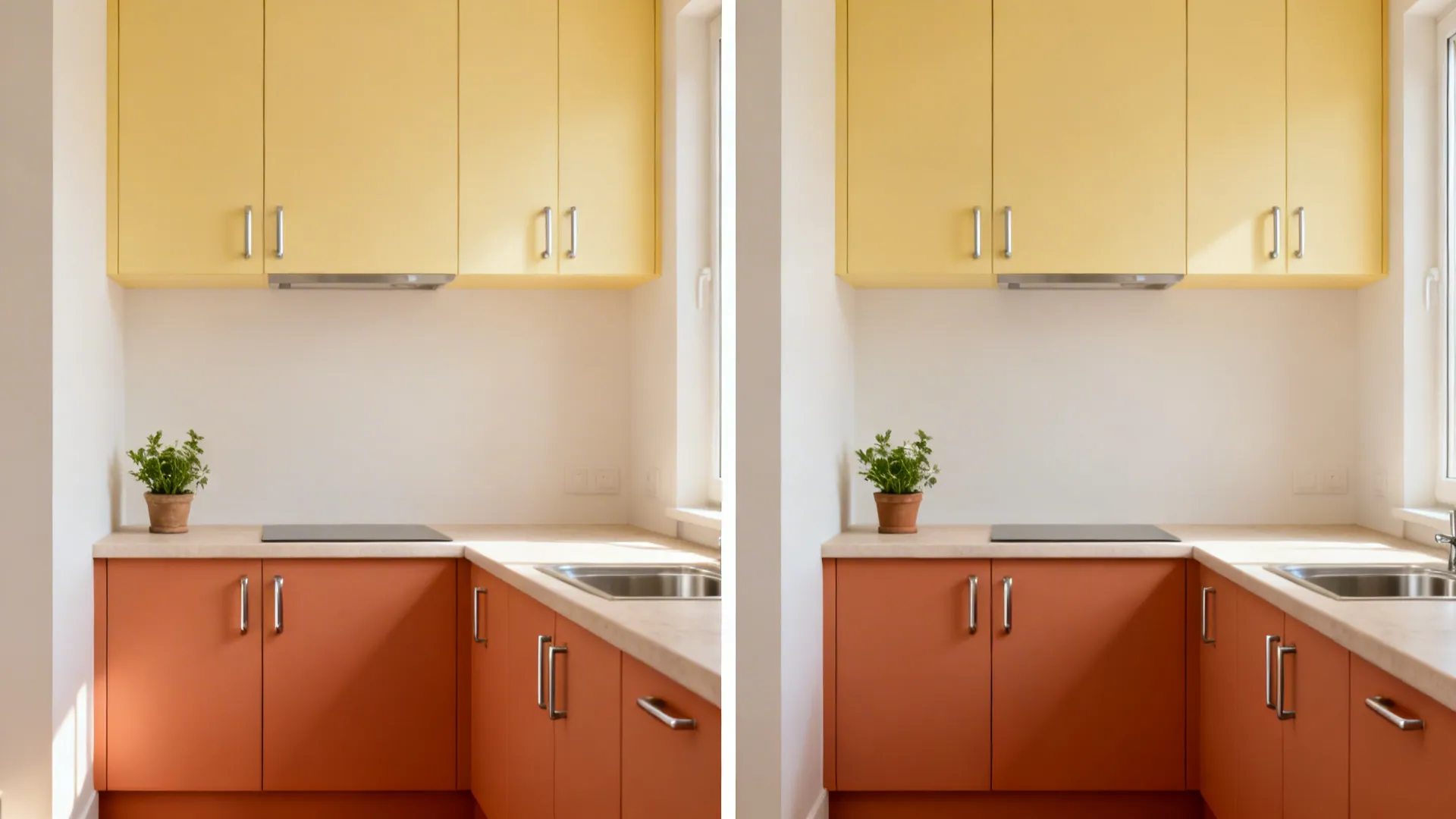 Small kitchen with lemon uppers and terracotta lowers creating clear zones.