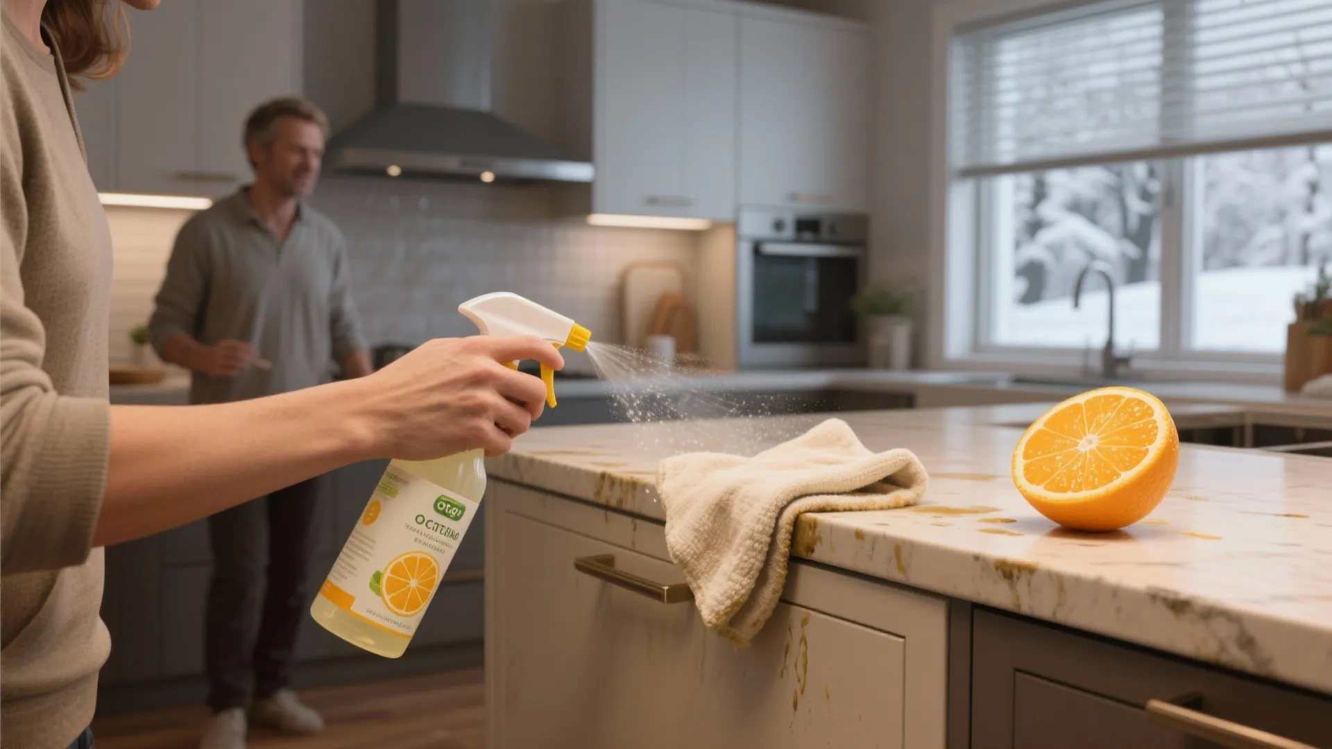 Person spraying orange scented cleaning liquid on a kitchen counter with a sliced orange nearby