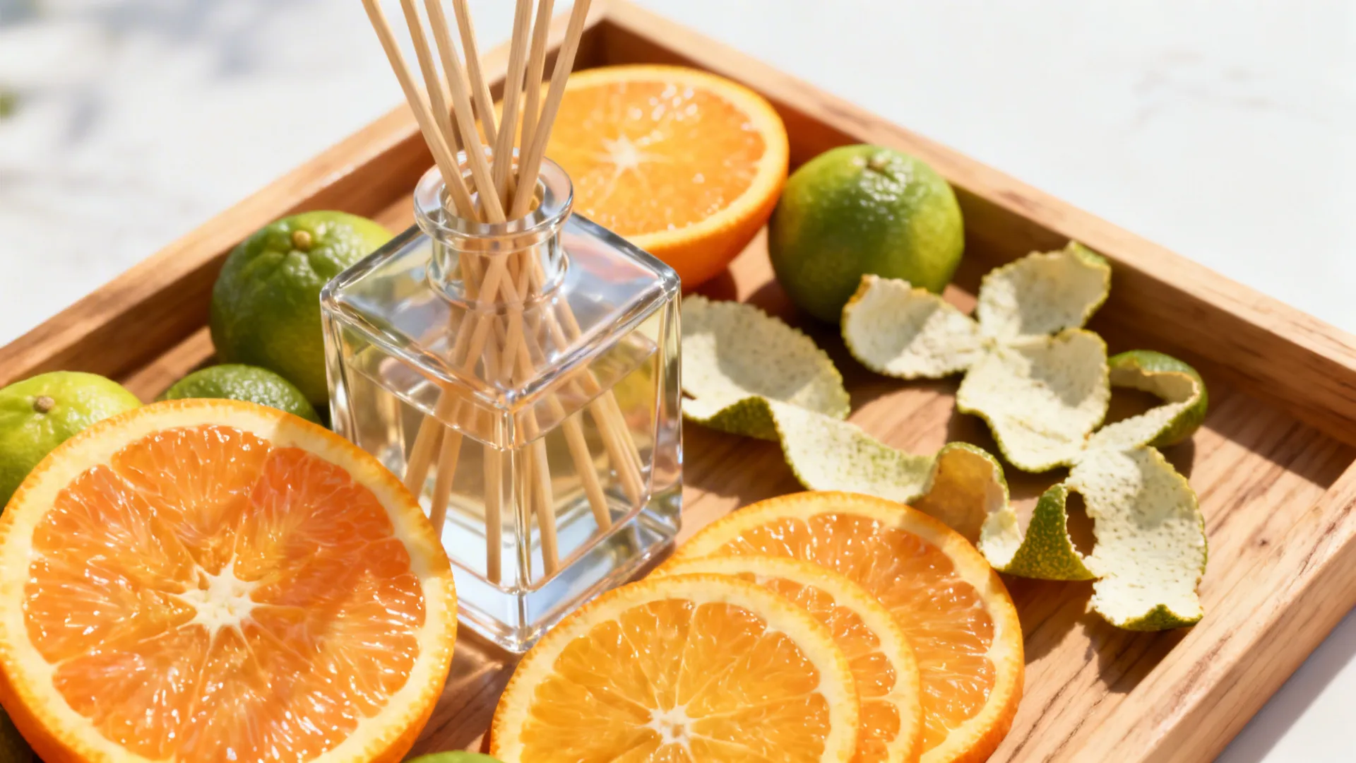 Wooden tray holding sliced oranges, limes, citrus peels, and a glass bottle with reed diffusers