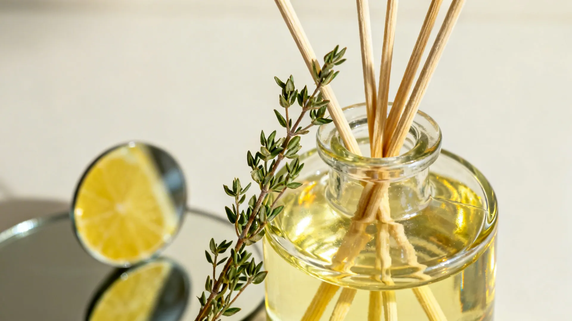 Macro of a citrus-herb diffuser with soft light and clean neutral tones.