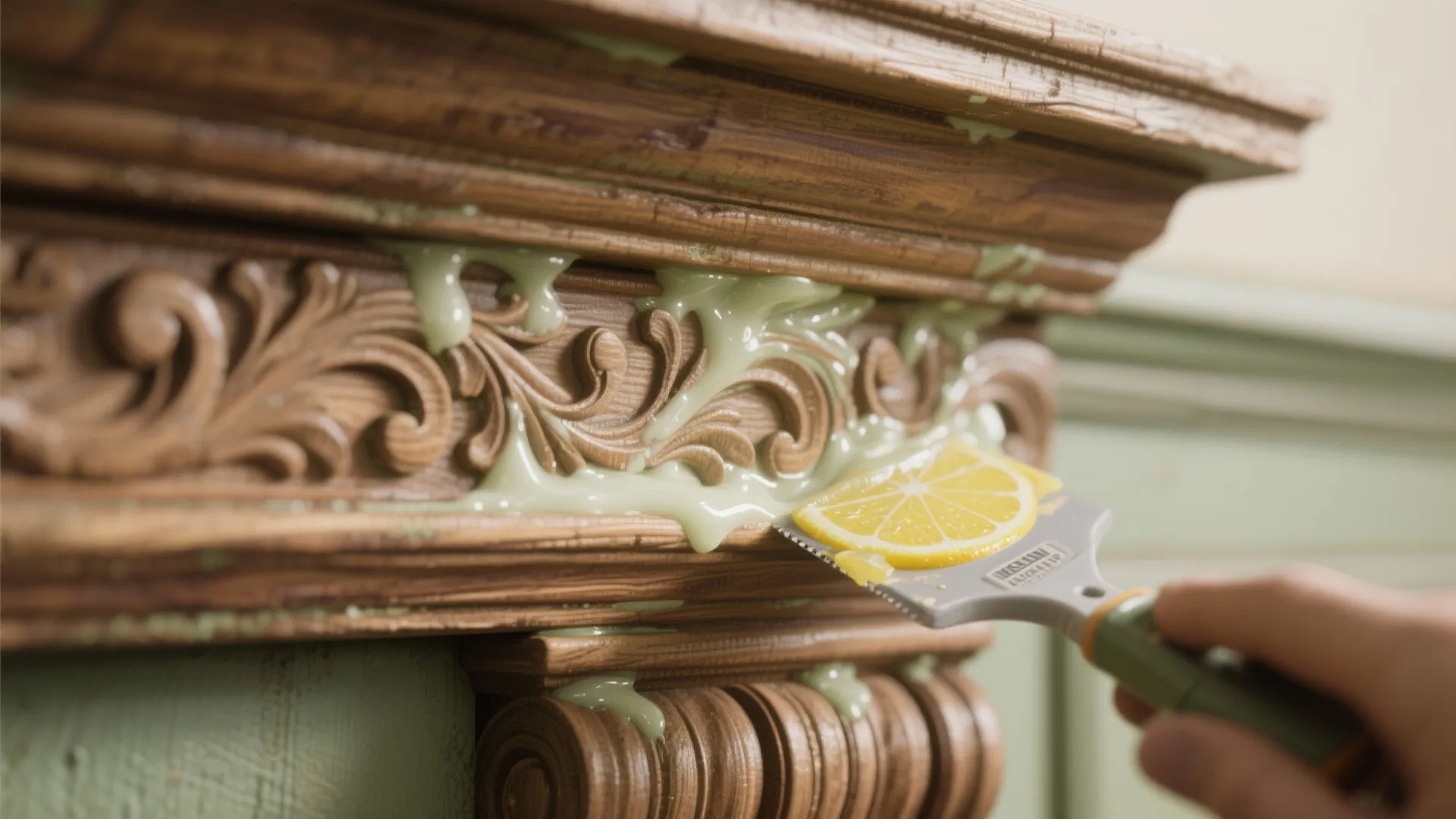 Hand applying thick green cleaning gel onto decorative wood wall panel using a small tool