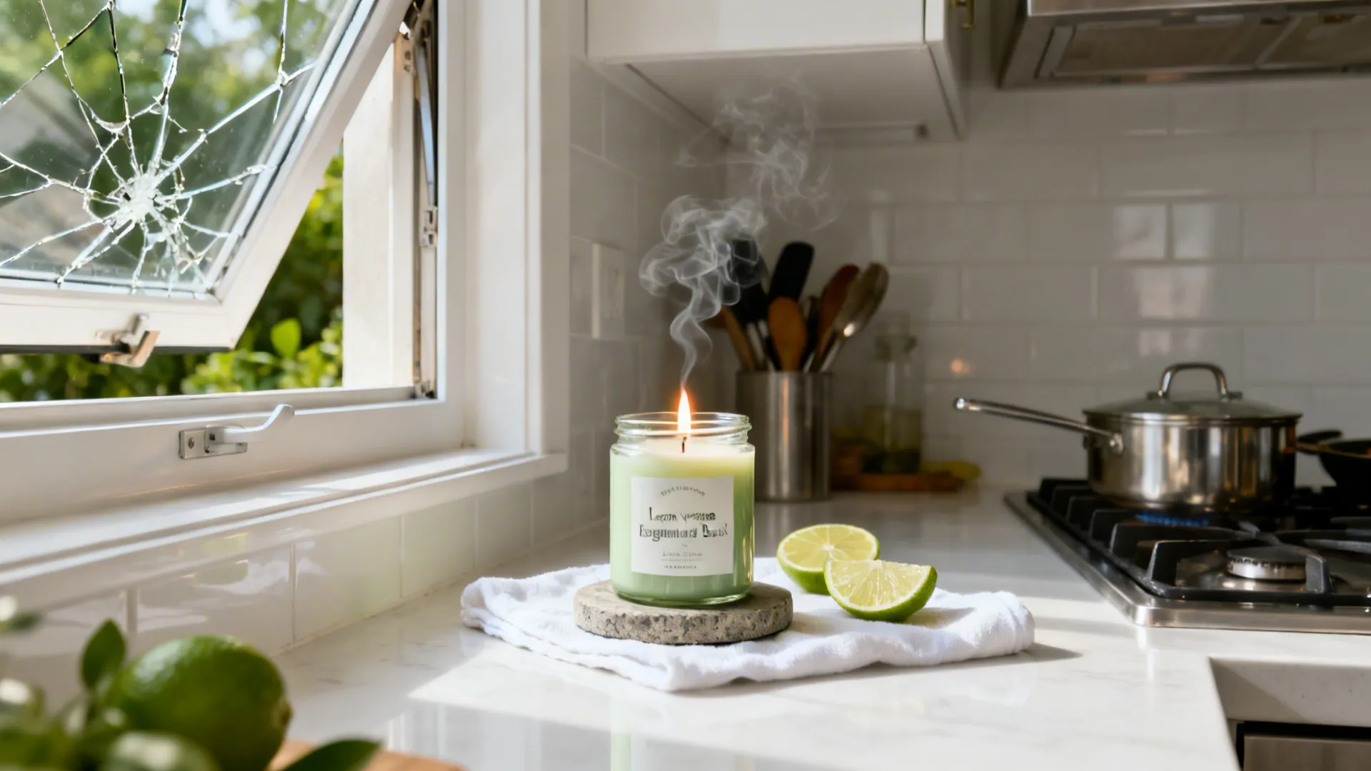Compact galley kitchen with citrus-herb soy candle by a cracked window for post-cook freshness.