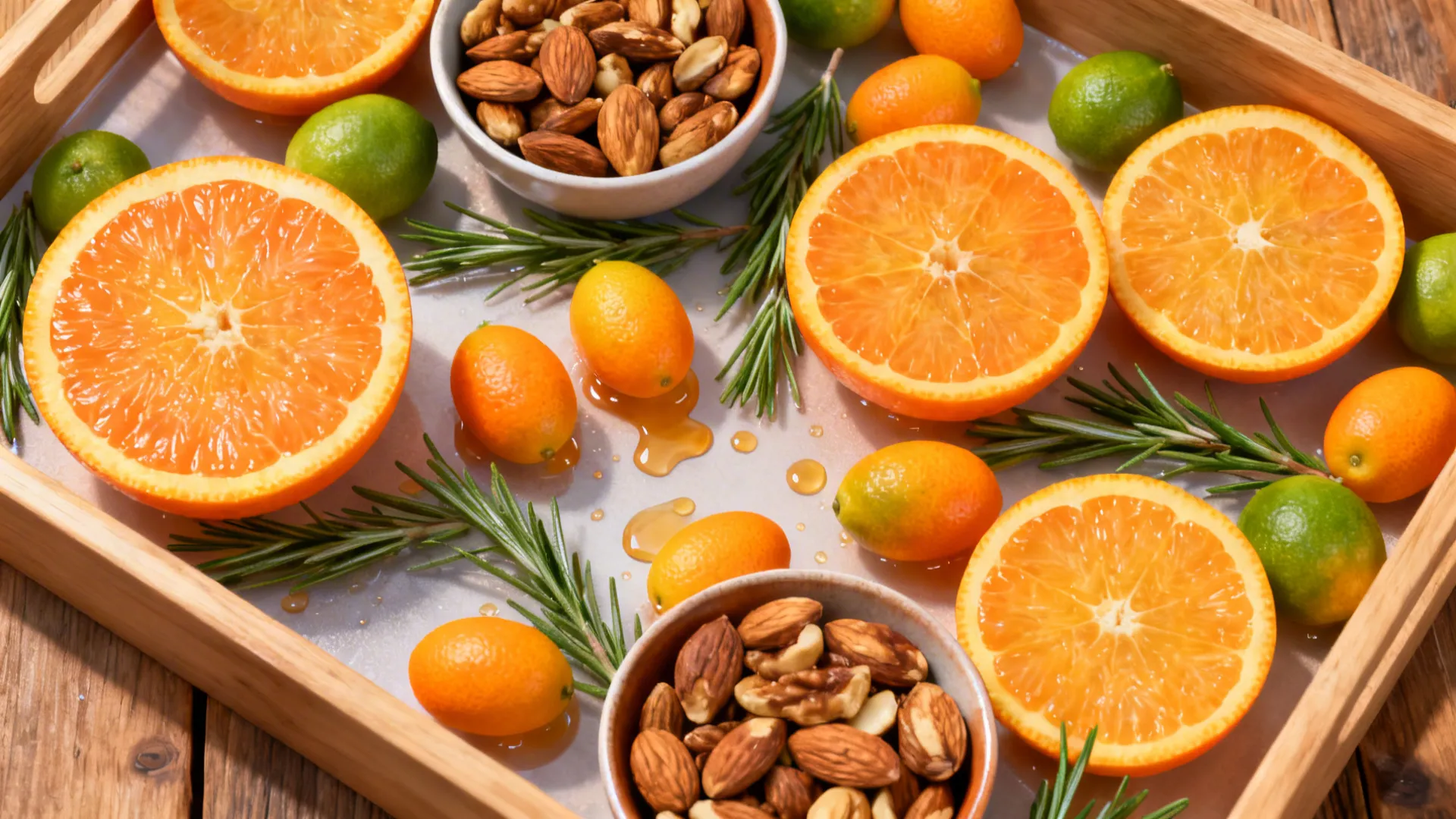 Top-down view of halved citrus and rosemary arranged on a shallow tray for a dining centerpiece