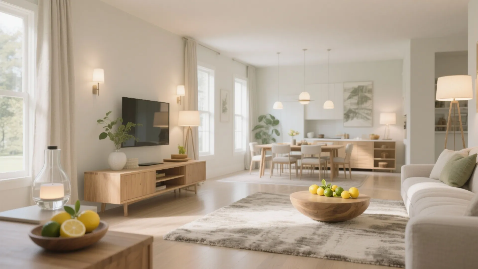 Modern bright living room with wooden furniture and grey carpet and dining area and windows