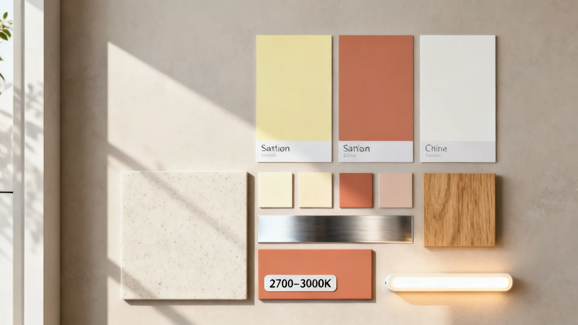 Flat lay of lemon and terracotta swatches with light quartz and oak samples.