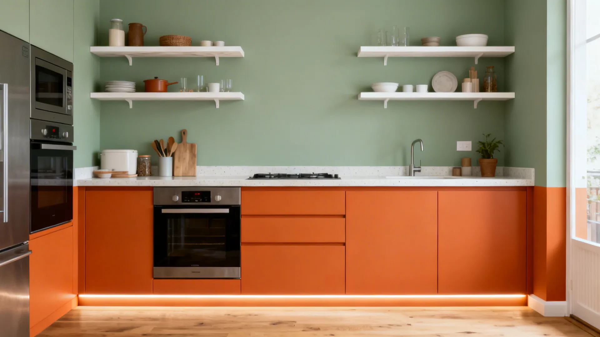 Sage walls and matte orange base cabinets with oak shelves in a small kitchen.
