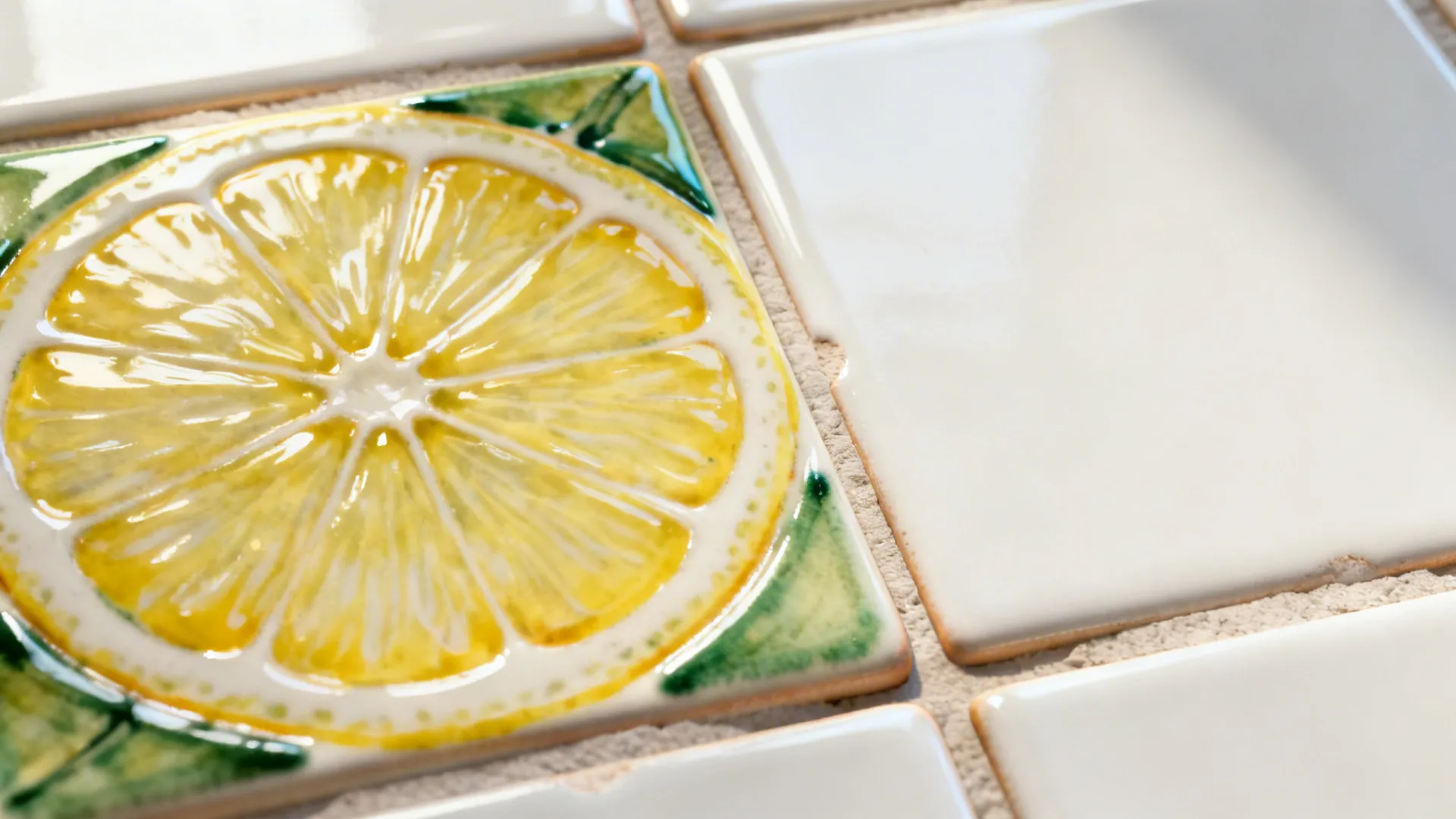 Macro of hand-painted lemon tile showing glaze texture and crisp grout lines.