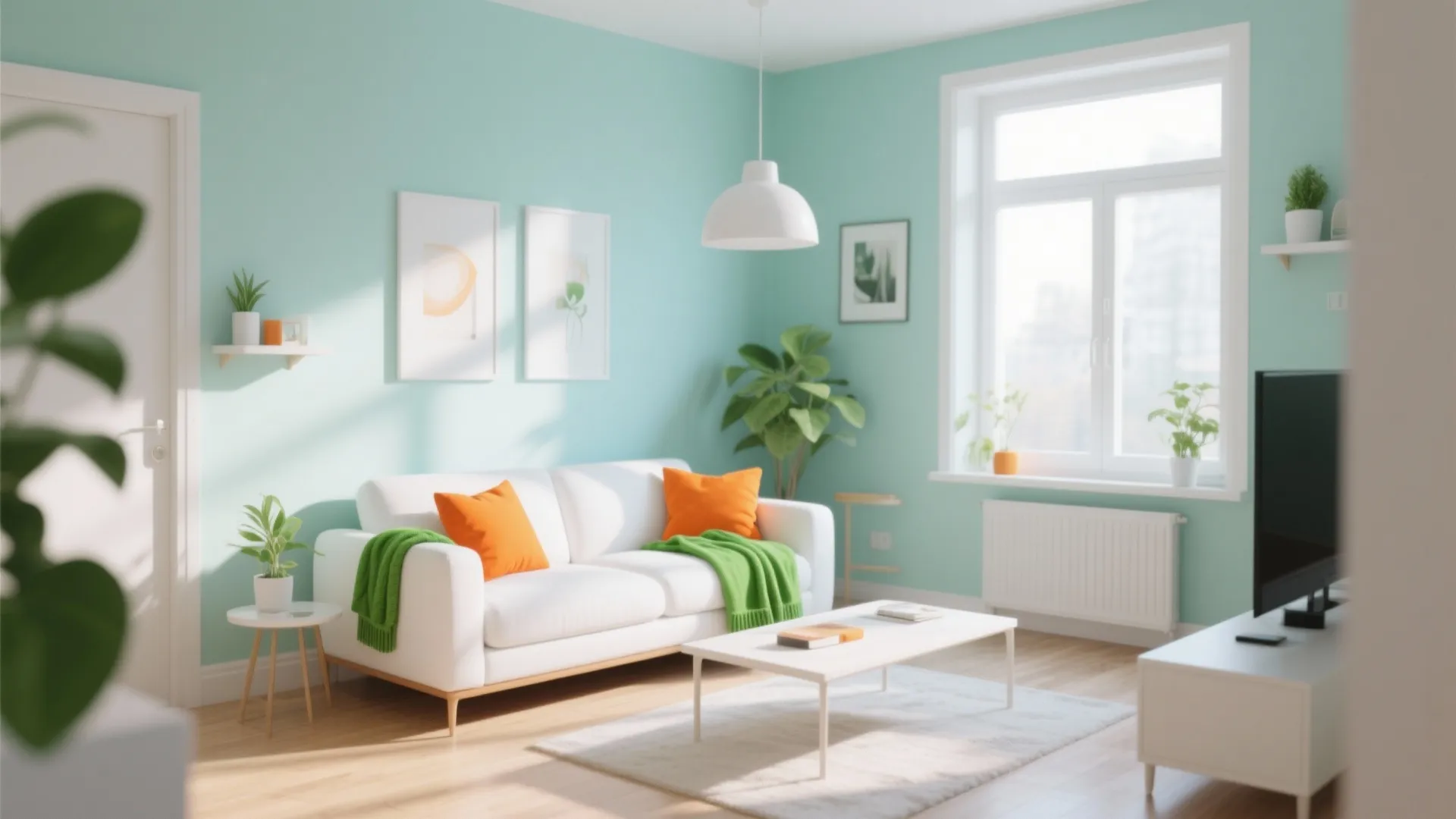 Bright mint living room with white sofa, orange pillows, green blankets, coffee table, and plants
