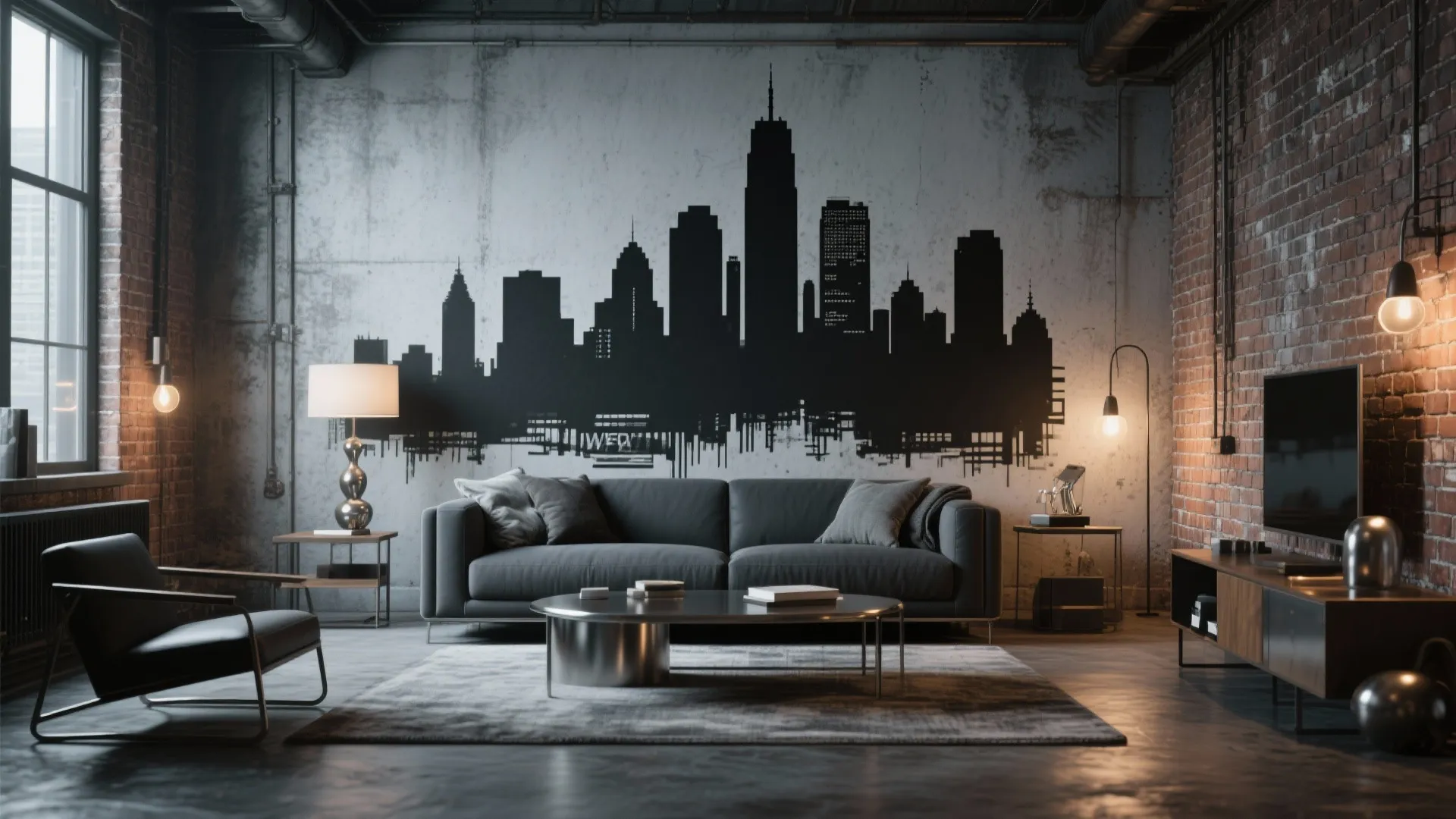 Industrial living room with Manhattan skyline wall mural