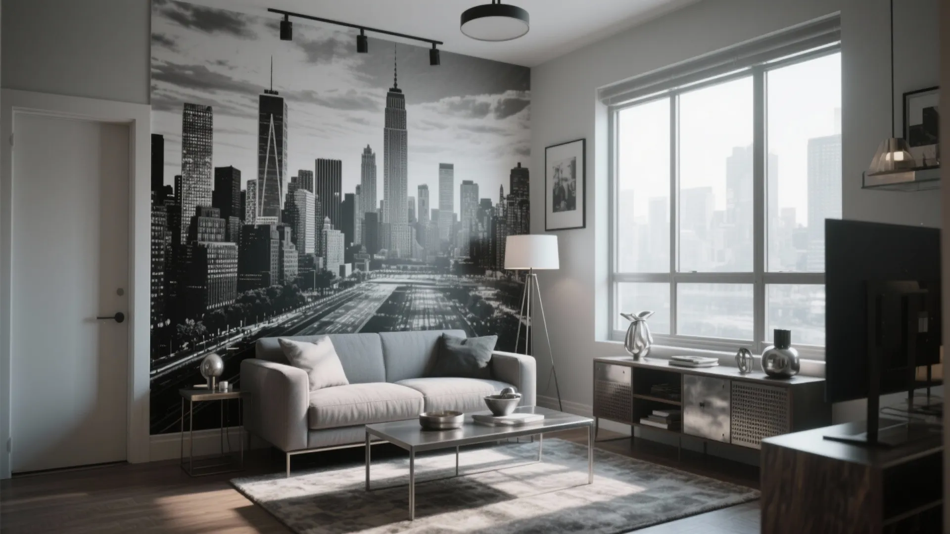 Modern living room with large city mural behind grey sofa plus coffee table and lamp