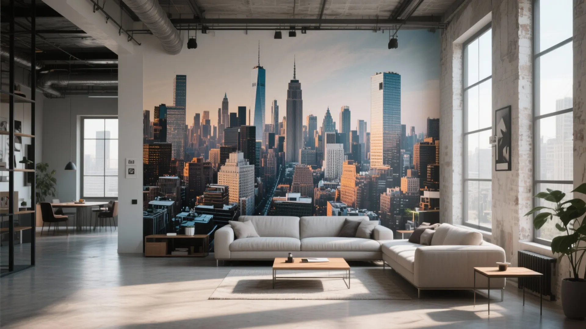 Modern loft living room featuring a large city skyline wall mural white sofa and wooden table