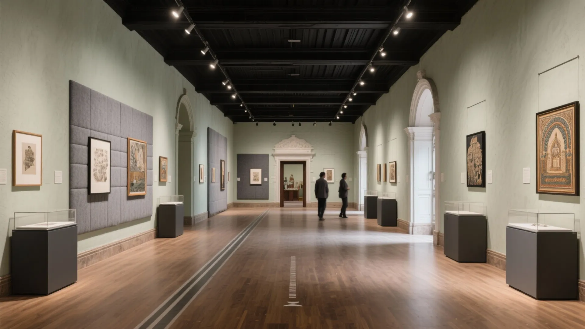 Large museum gallery with green walls wooden floor ceiling lights and framed art on walls