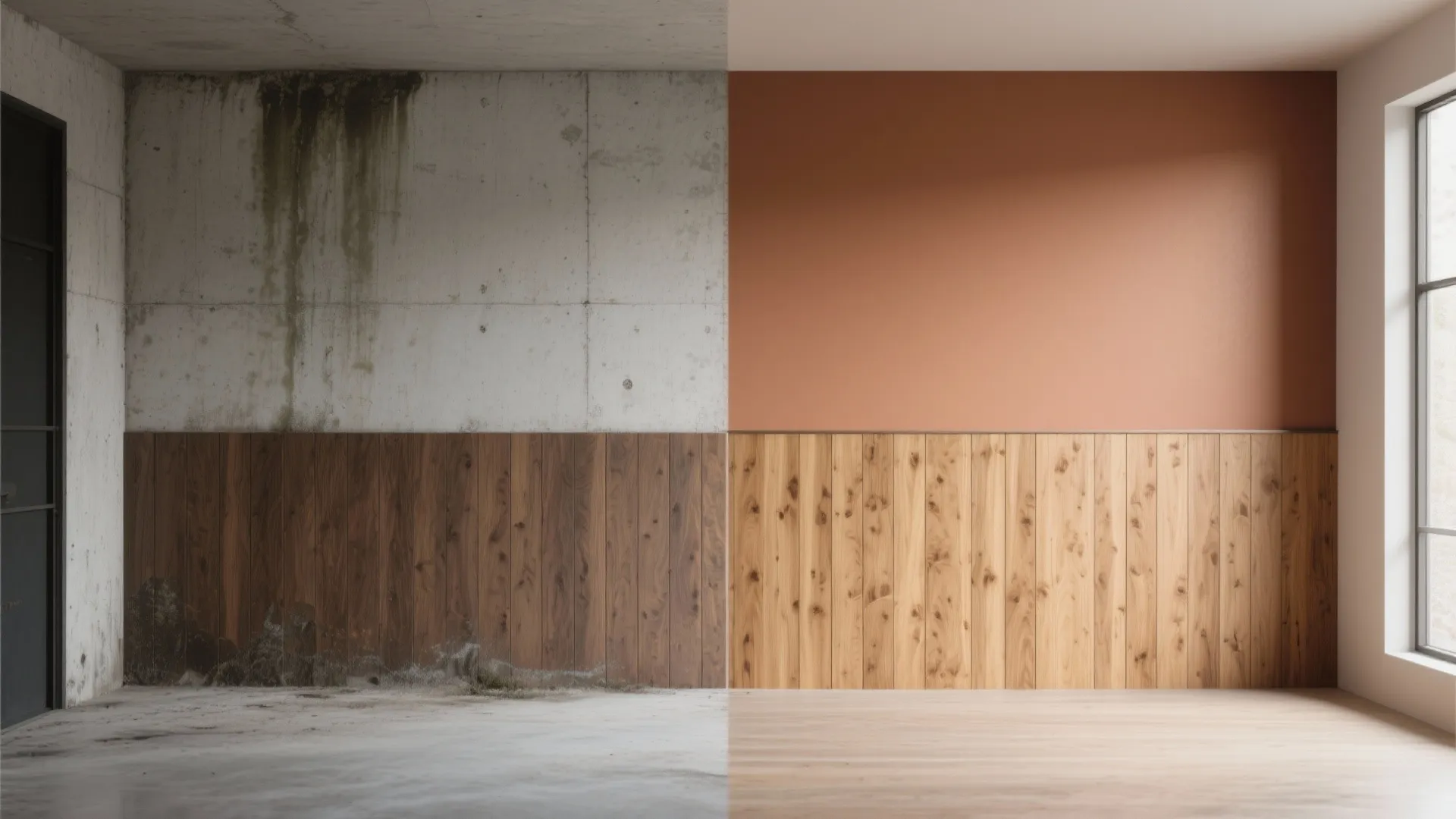 Before-and-after comparison showing a dirty concrete wall transformed into a clean orange wall with panels