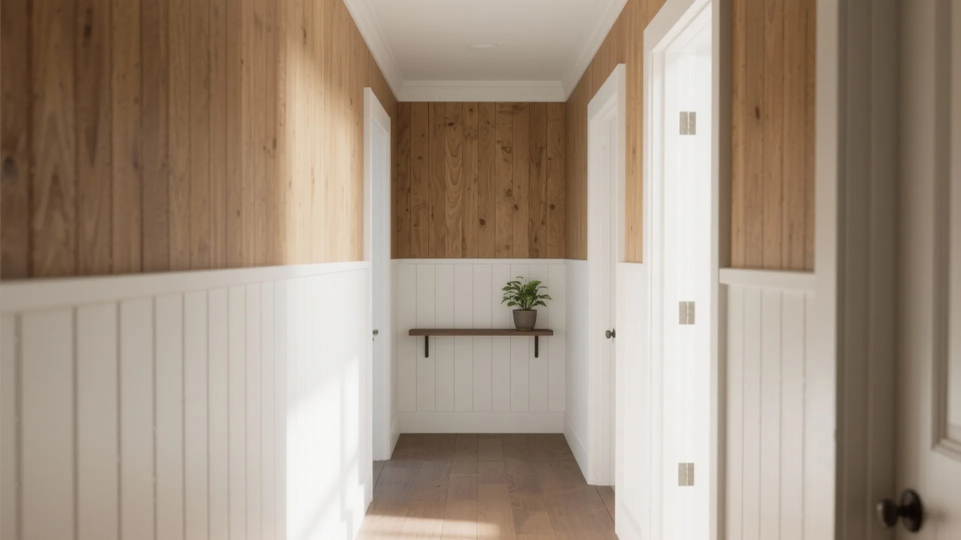 Narrow hallway featuring wood wall panels on top and white wall panels on the bottom